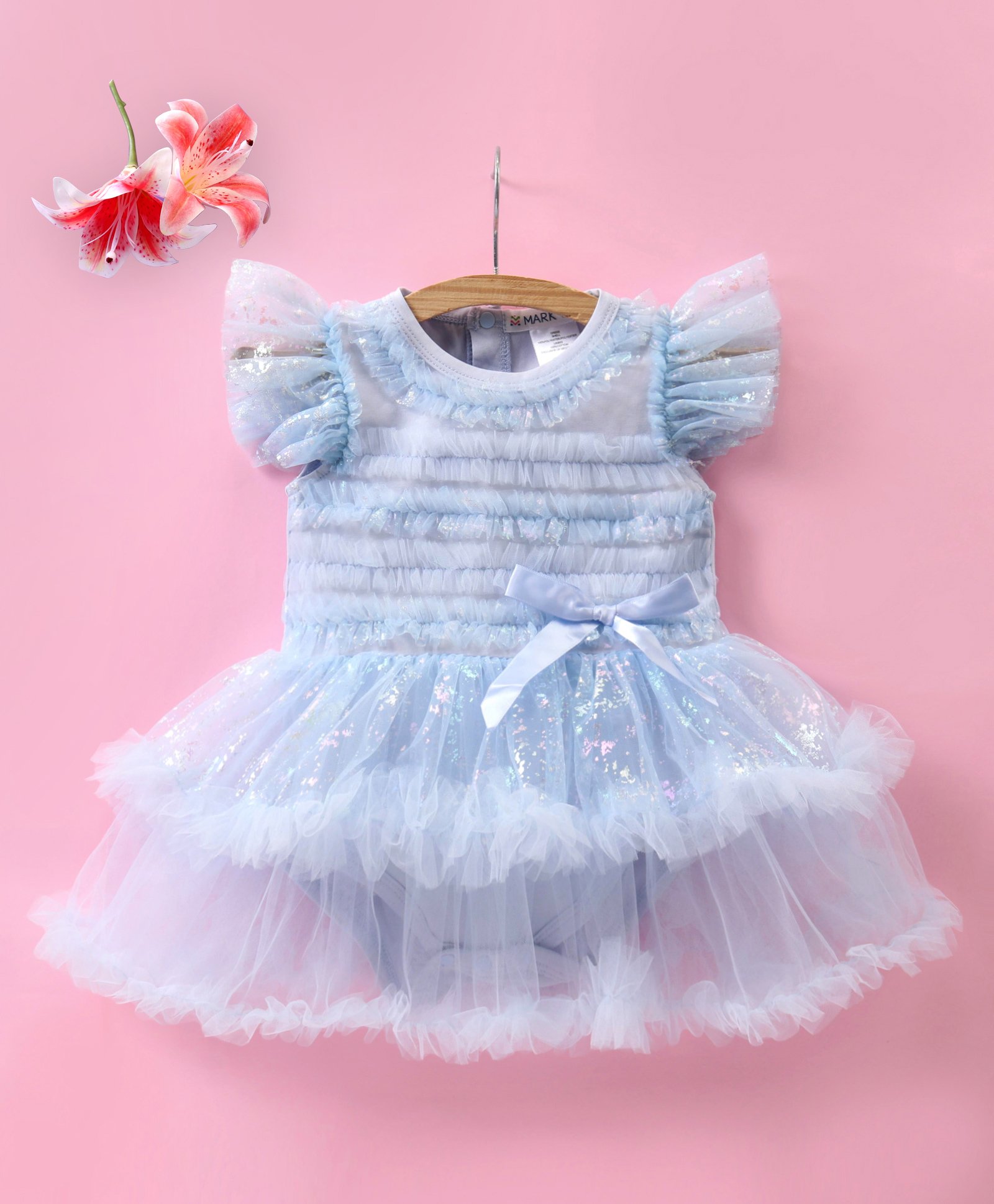 Mark & Mia Frill Sleeves Frock Style Party Onesie with Bow Applique - Blue-image-25