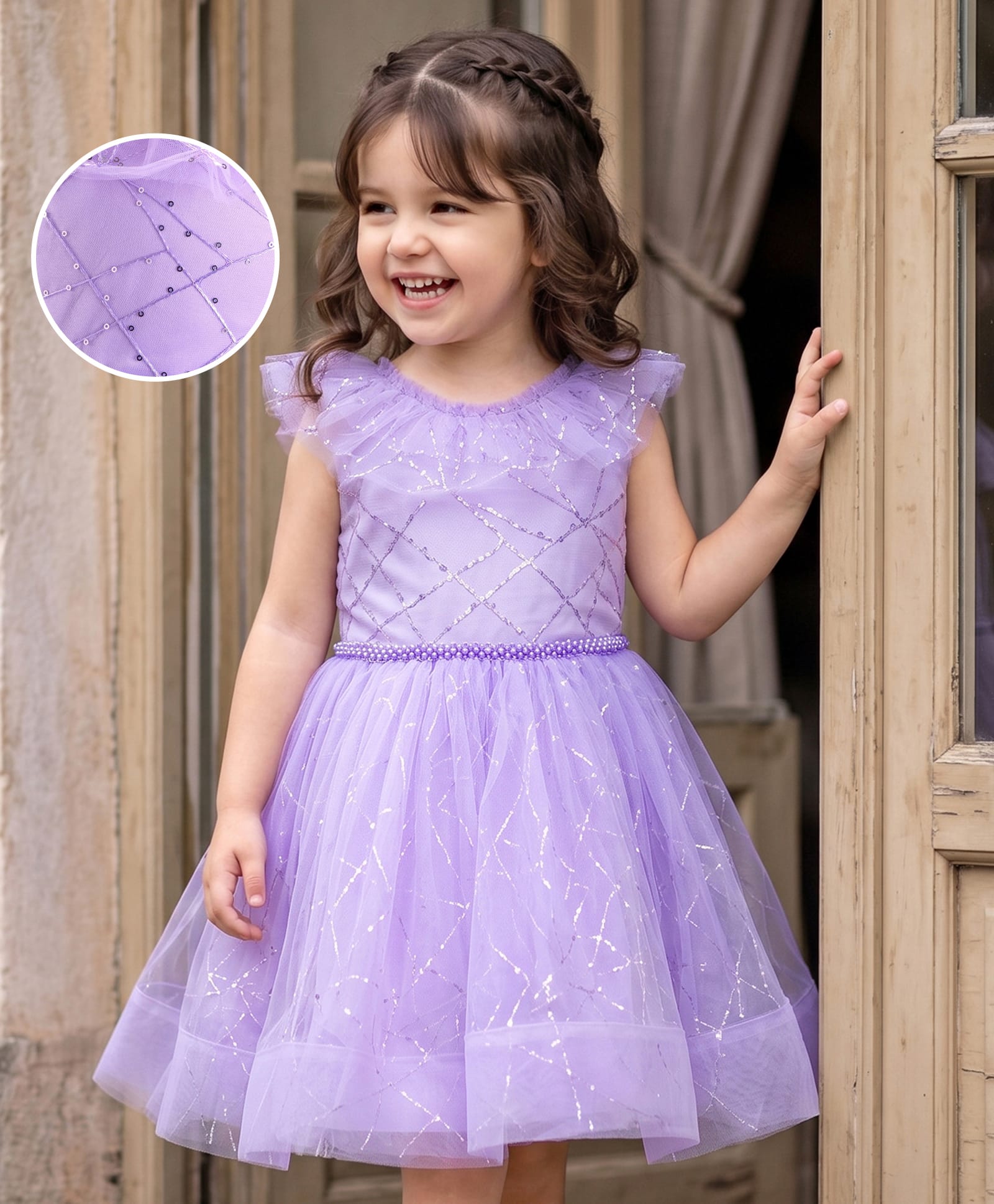 Mark & Mia Woven Sleeveless Knee Length Partywear Frock with Sequin Detailing & Frill Design - Purple-picture-44
