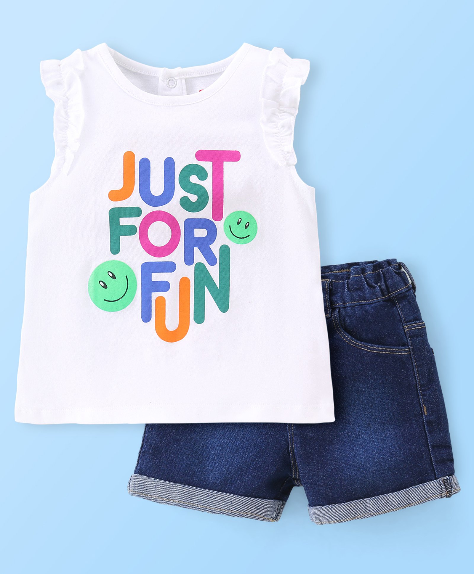 Babyhug 100% Cotton Knit Sleeveless Top & Denim Shorts With Text Print - White & Blue-image-7