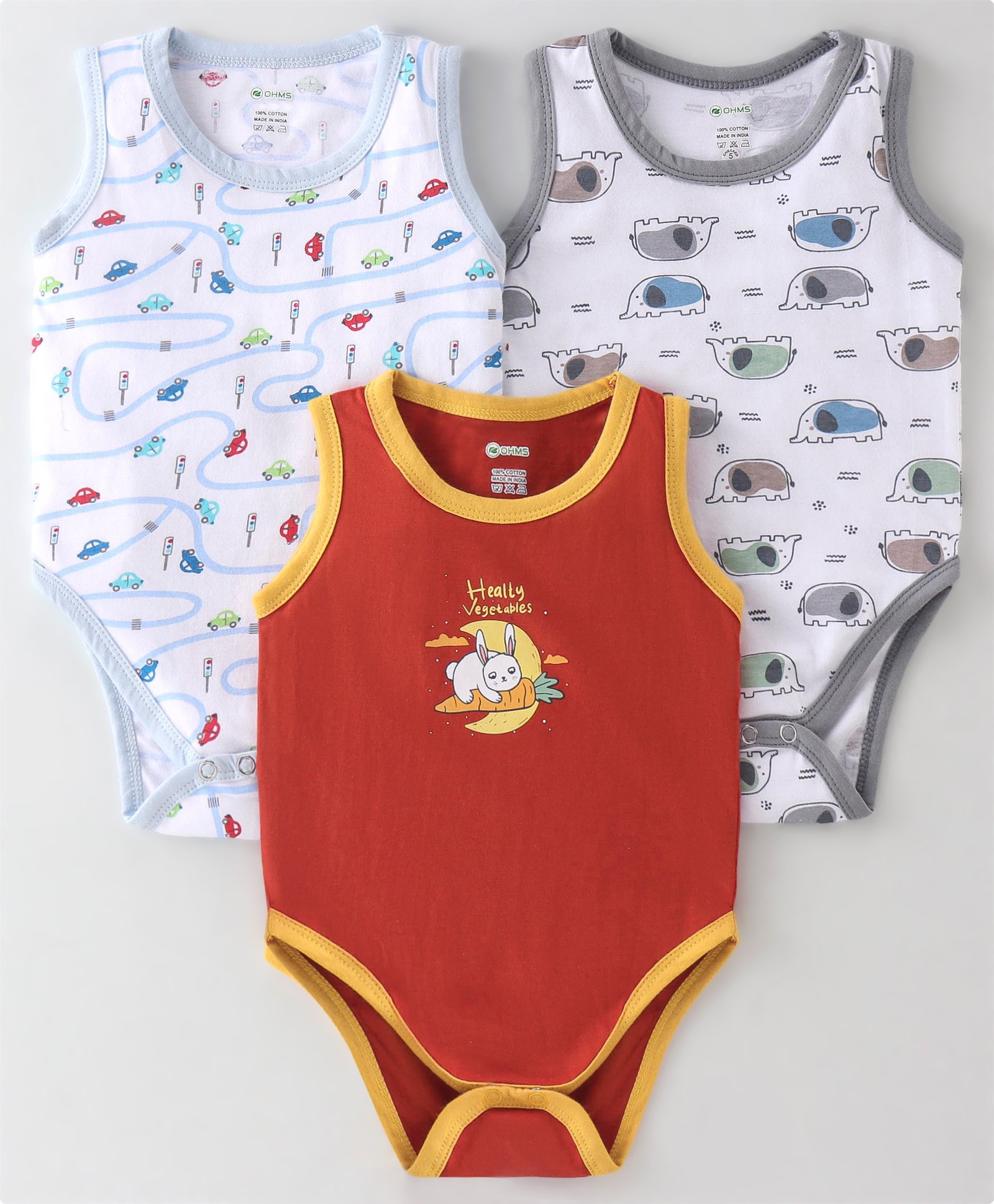 OHMS Single Jersey Sleeveless Bunny & Elephant Printed Onesies Pack of 3 - Multicolour-picture-14