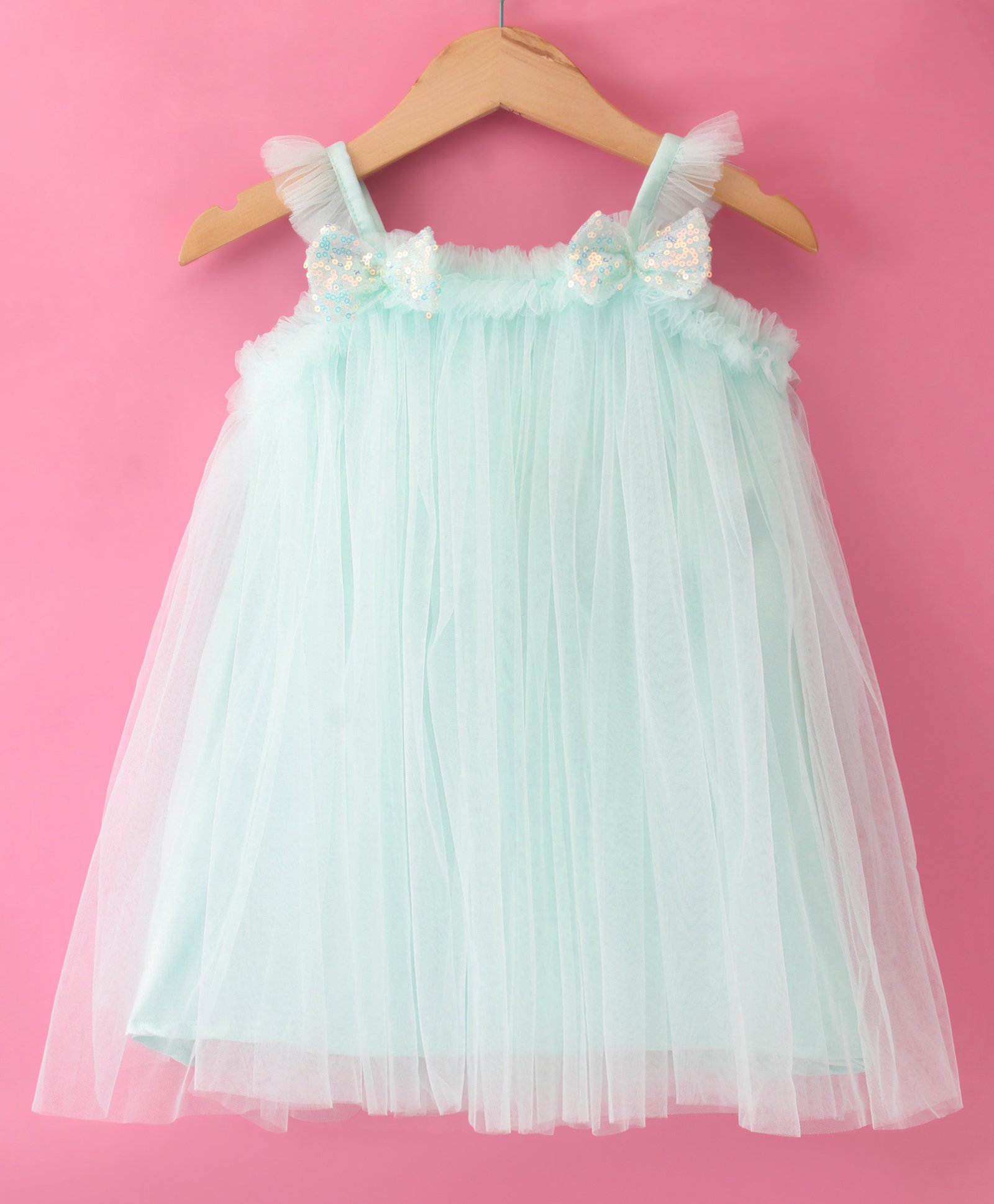Babyhug Sleeveless Party Frock with Bow Applique - Mint-image-8