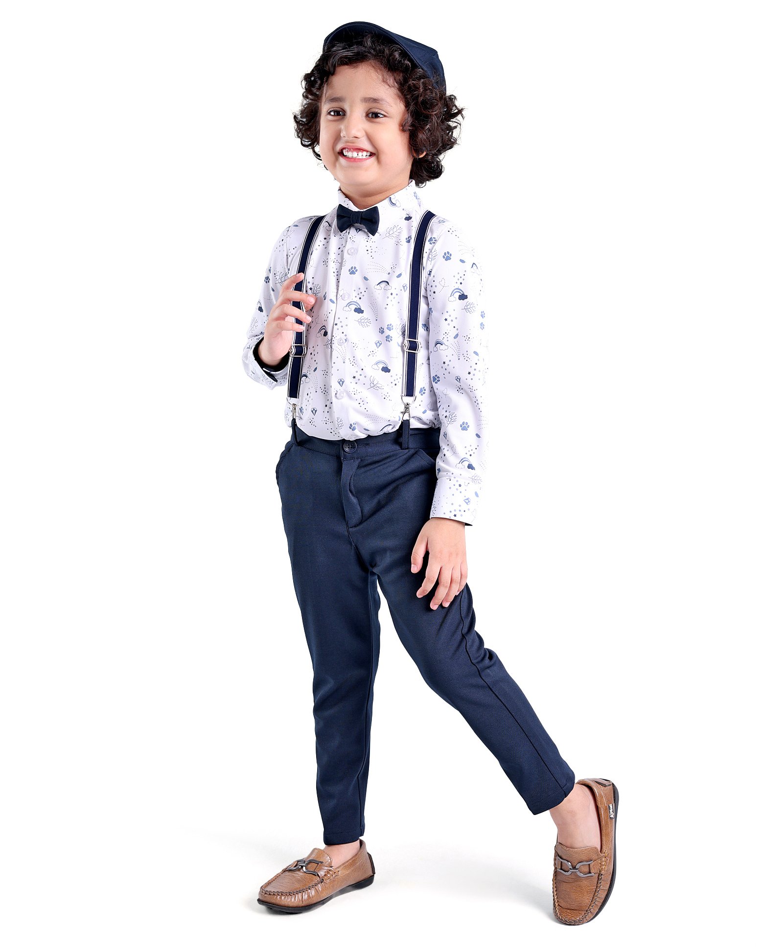 Babyhug Knit Full Sleeves Rainbow Print Party Shirt & Trousers with Cap Bow & Suspender - White & Black-image-29