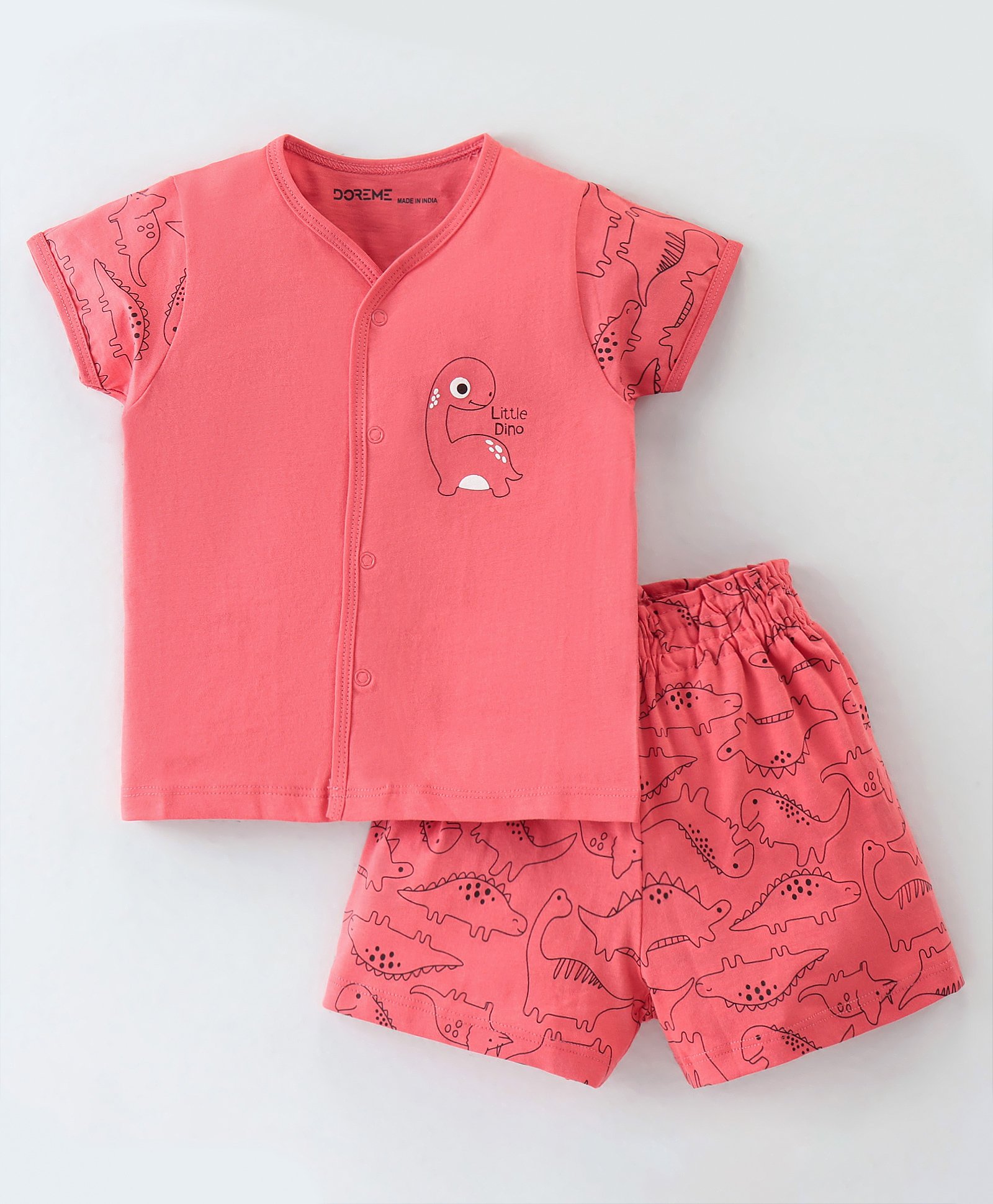 Doreme Single Jersey Knit Half Sleeves Shorts Sets Dino Print - Coral Rose-image-33