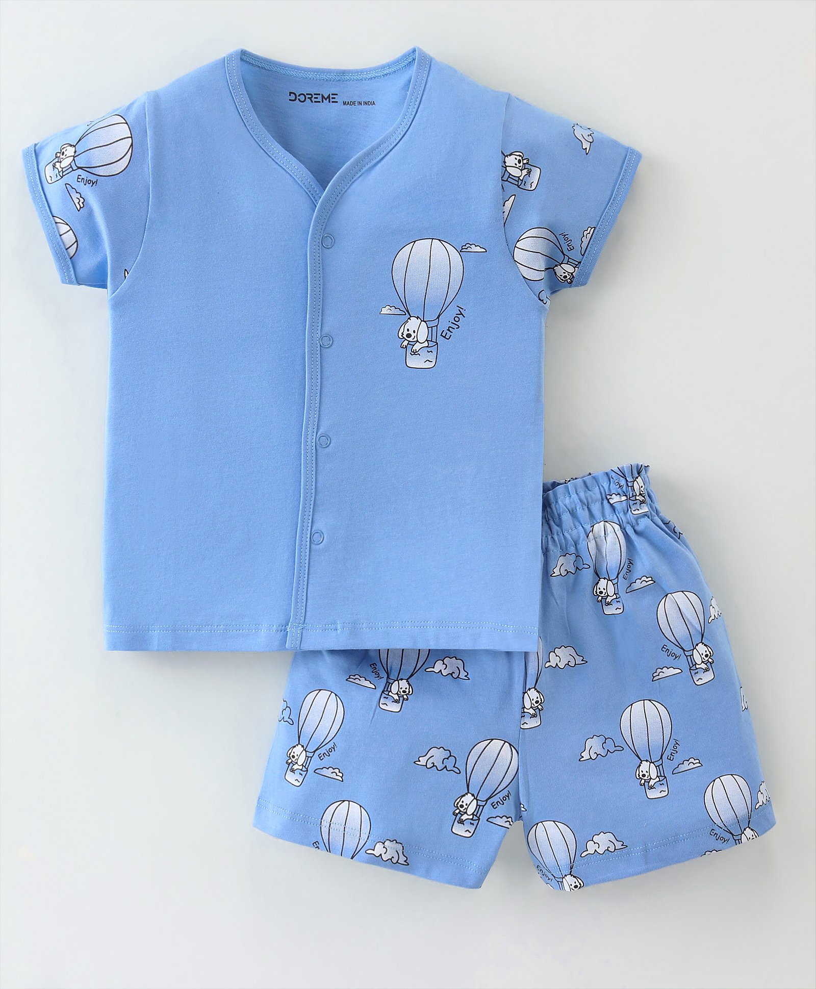 Doreme  Single Jersey Knit  Half Sleeves Shorts Sets Air Balloon & Dog Print - Corn Flower-image-30