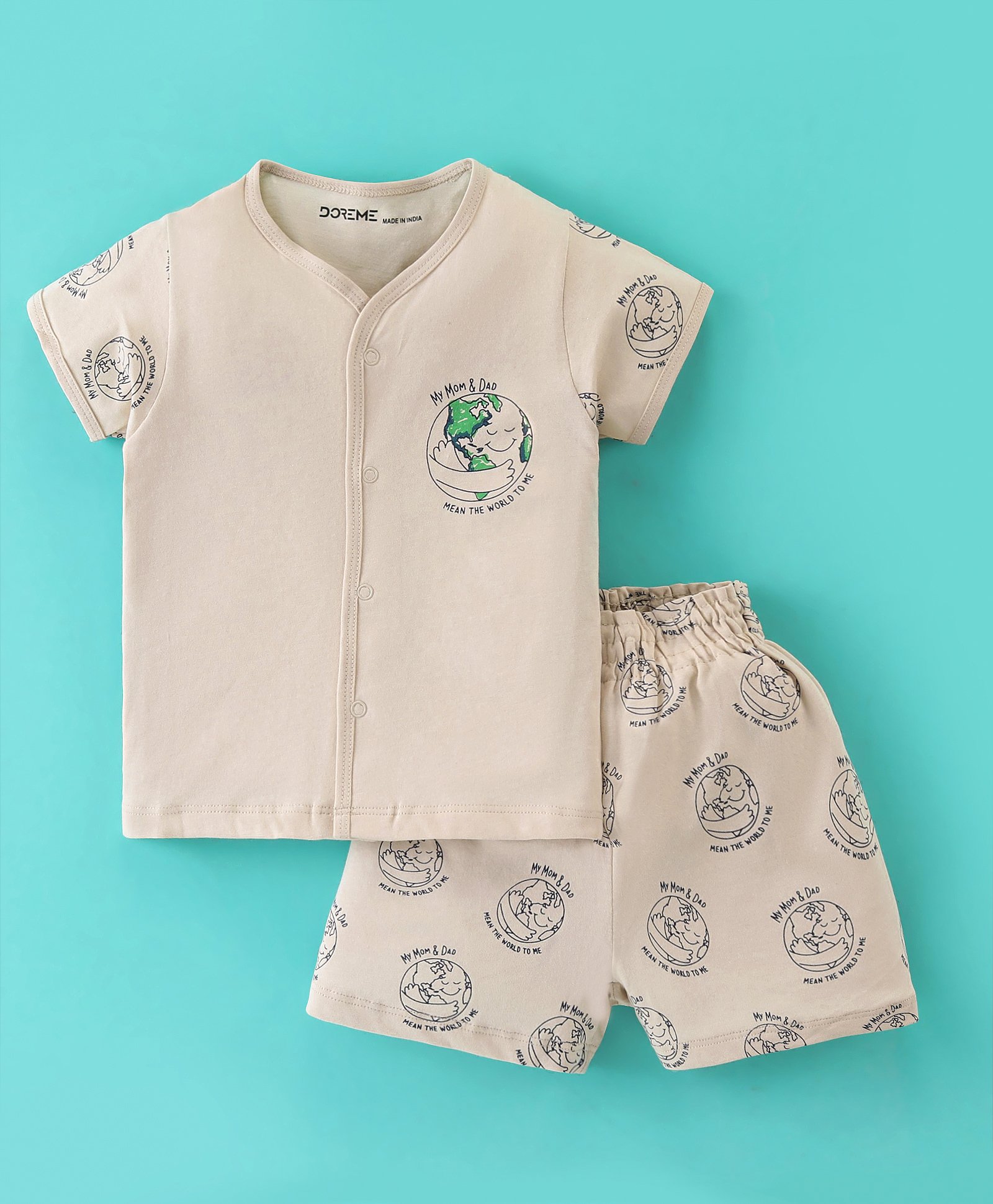Doreme  Single Jersey Knit Half Sleeves Shorts Sets Planet Earth & Text Print - Stone Beige-image-31