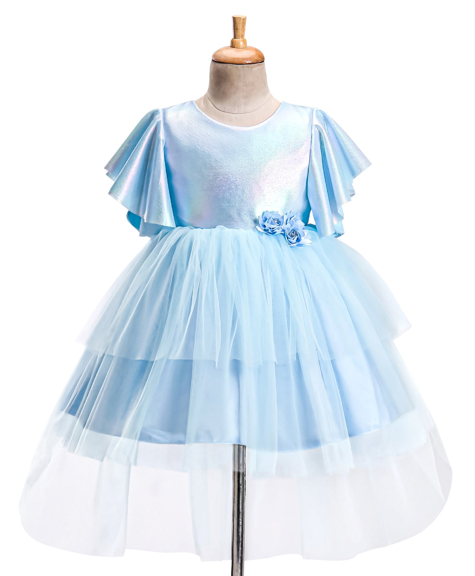 Babyhug WovenFlared Sleeves Fit and Flare High Low Party Dress with Floral Corsage- Blue-image-9