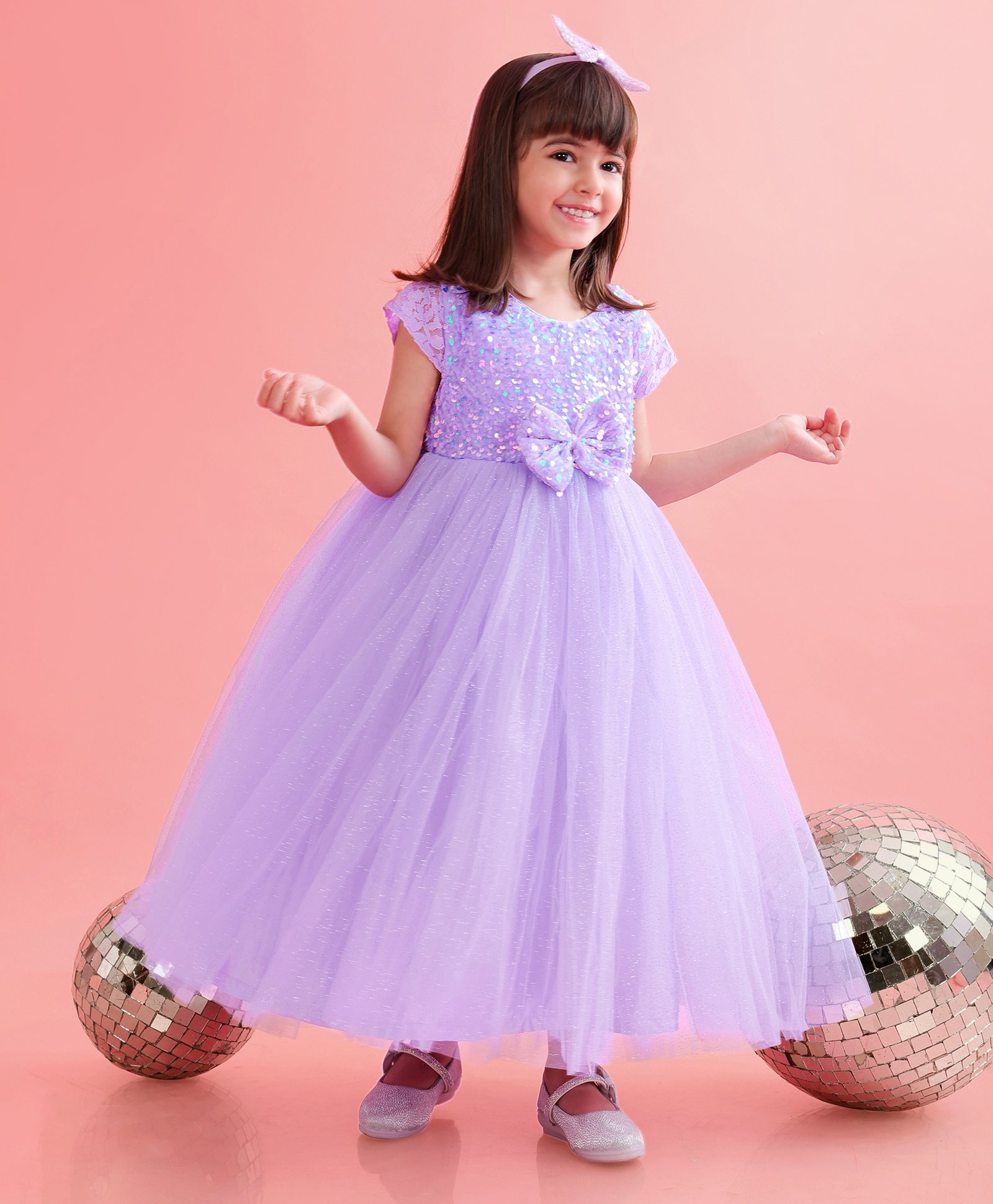 Babyhug Cap Sleeves Party Wear Gown With Lace Detail & Sequin Detailing - Lavender