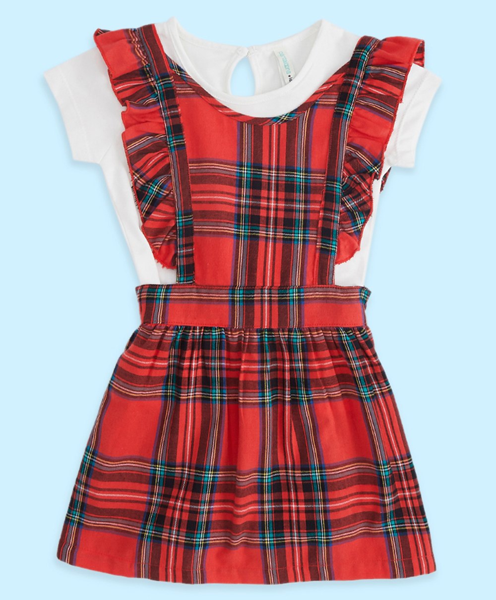 Pantaloons Baby Half Sleeves Solid Top With Checked Dungaree - Red-image-12