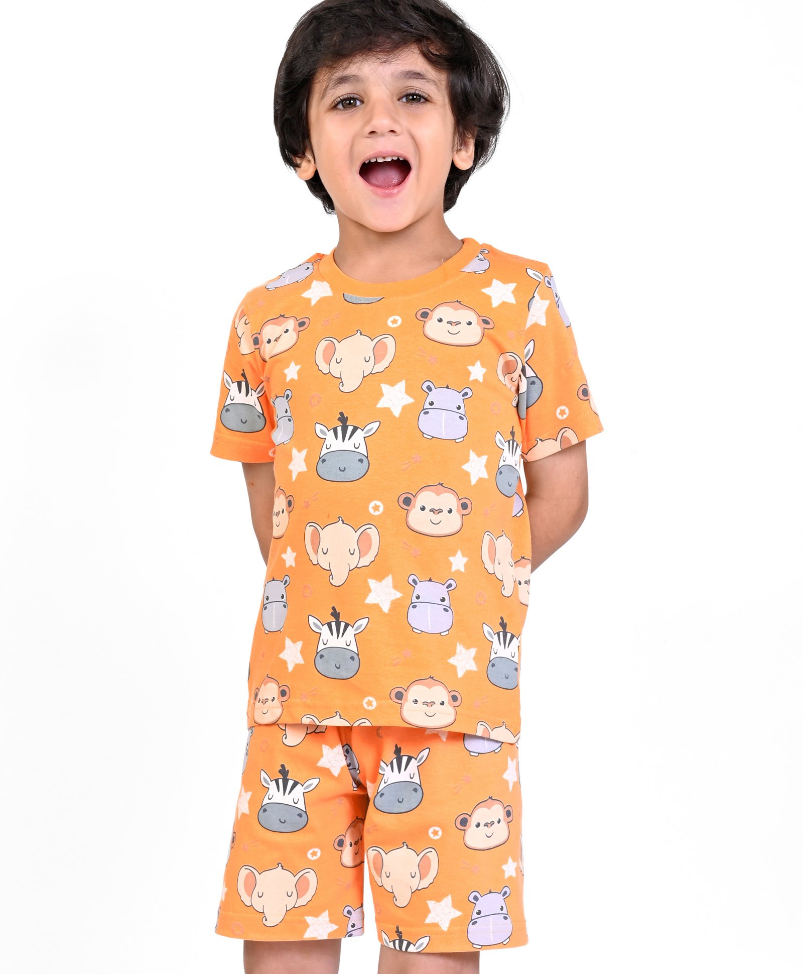 Babyhug Single Jersey Half Sleeves Night Suit Zebra Print - Orange-image-38