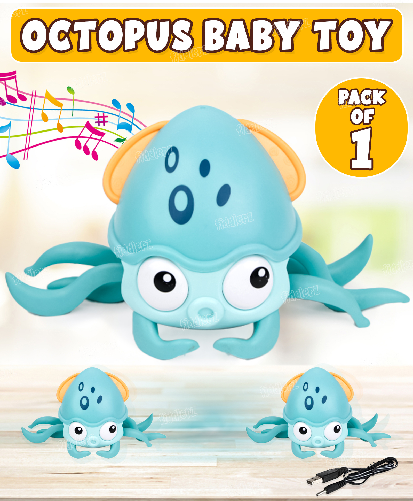 Fiddlerz Baby Musical Octopus Crawling Toy for Kids Interactive Dancing Octopus with Music and LED Lights Automatically Avoids Obstacles Tummy Time - Blue-image-4