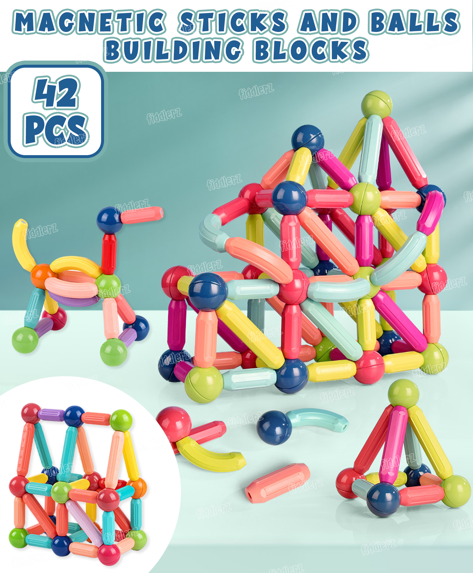 Fiddlerz Magnetic Sticks 42 Pcs Building Blocks For Kids- Big Magnetic Toys For Kids Girls Boys Toddlers-image-29