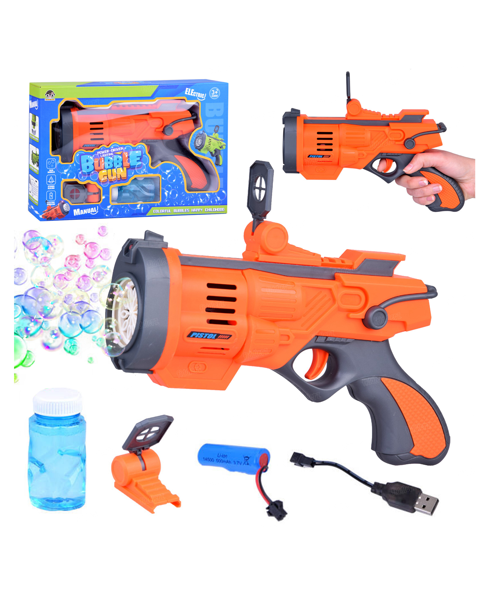 Fiddlerz Electric Bubble Gun for Kids Rechargeable Bubble Blaster Toy with Bubble Liquid Tray and USB Cable for Outdoor Summer Fun Multicolor-image-39