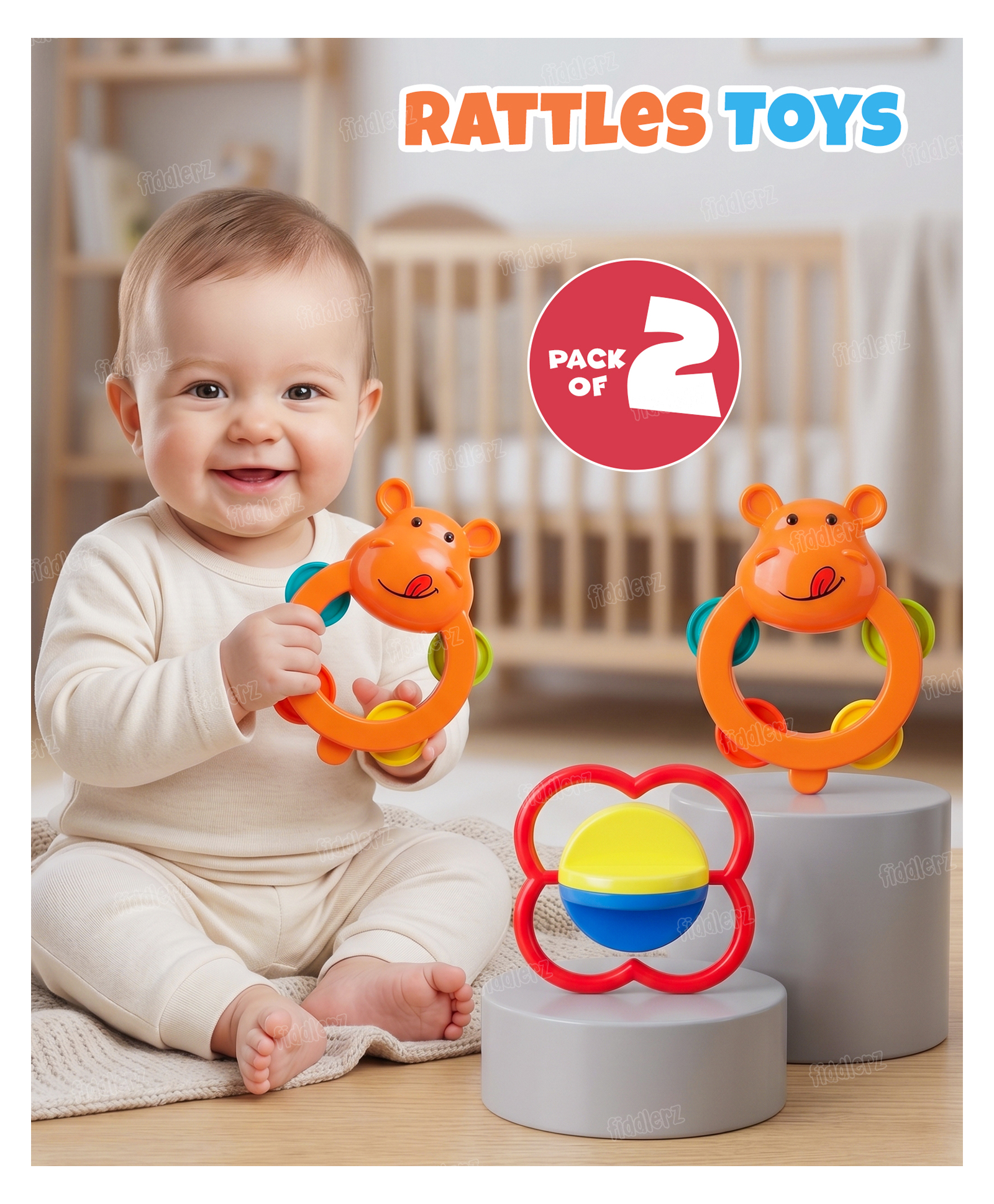 Fiddlerz Baby Products Toys 2 Pcs Rattle Set with Teathers for New Born Baby Gifts, Toy for Babies, Non-Toxic-picture-20