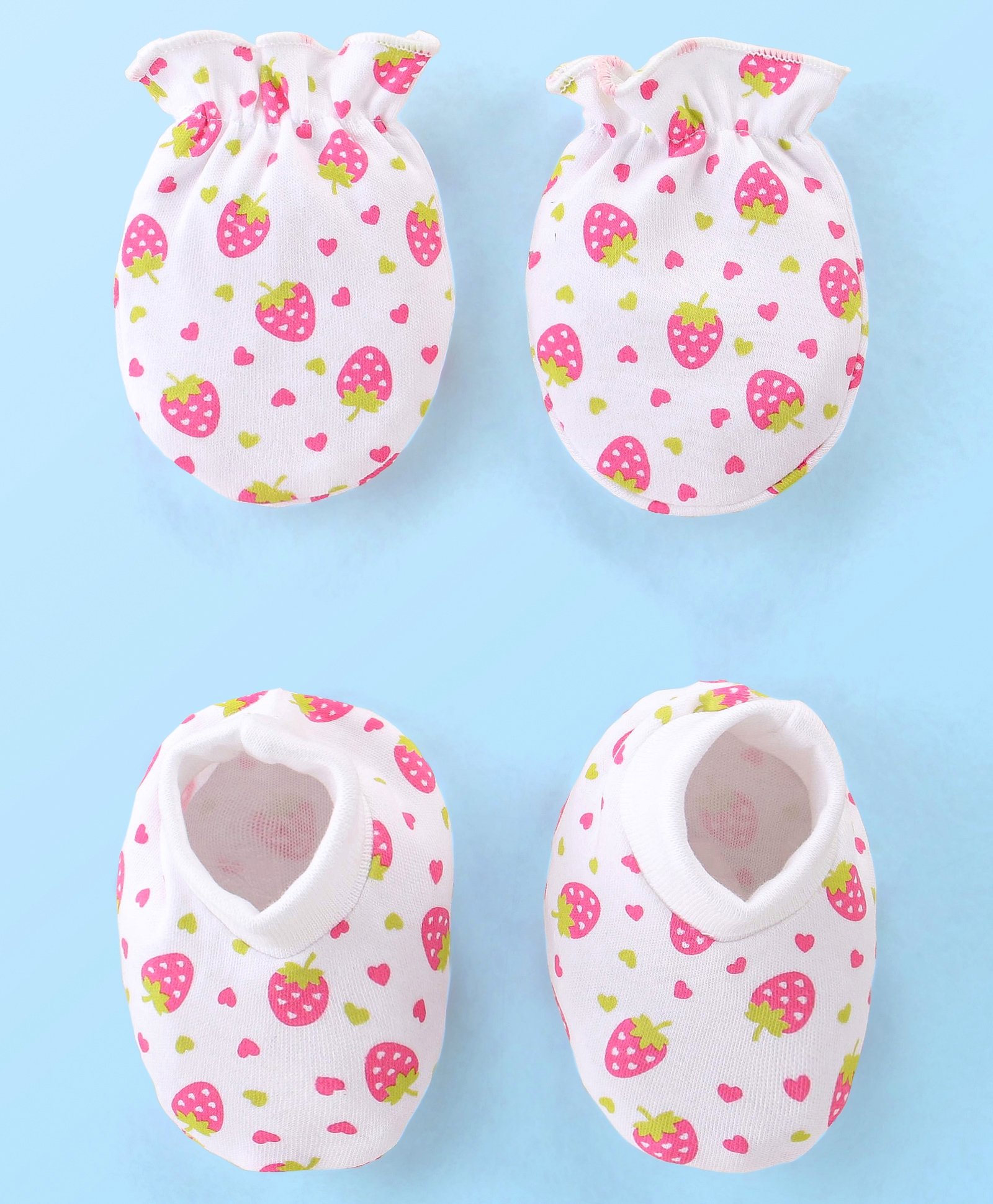 Babyhug 100% Cotton Mittens & Booties Set with Strawberry Print - White-image-5
