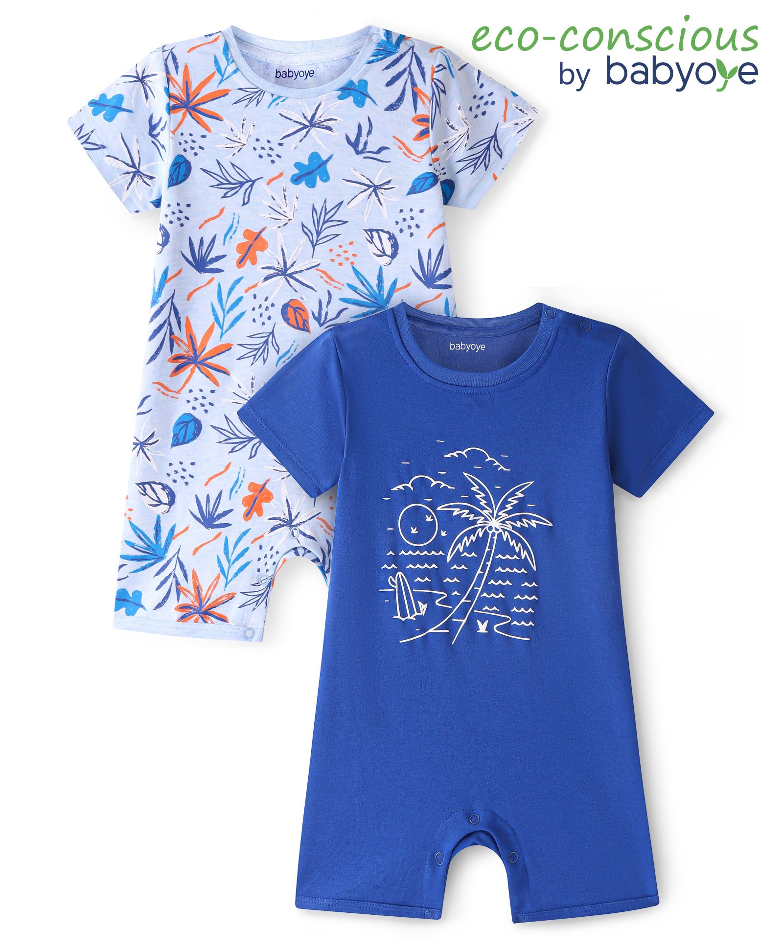 Babyoye 100% Cotton Knit With Eco Jiva Finish  Half Sleeves Rompers with Leaf Print Pack of 2 - Multicolour-picture-16