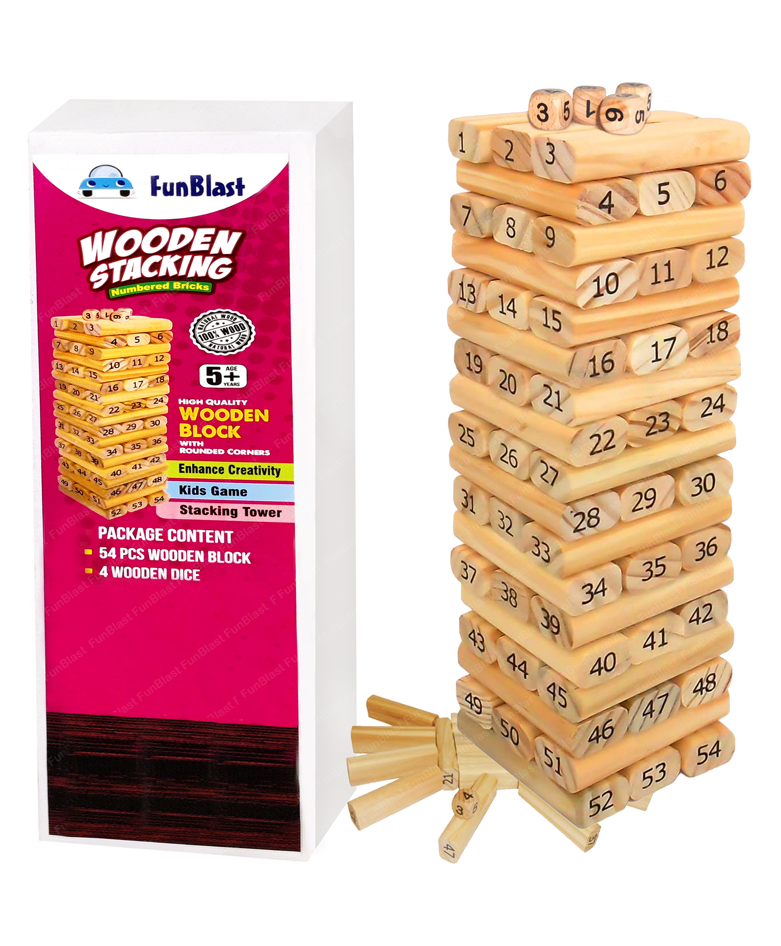 FunBlast Wooden Stacking Tower Block Toys with Dices for Kids & Adults  54 Pcs-image-24