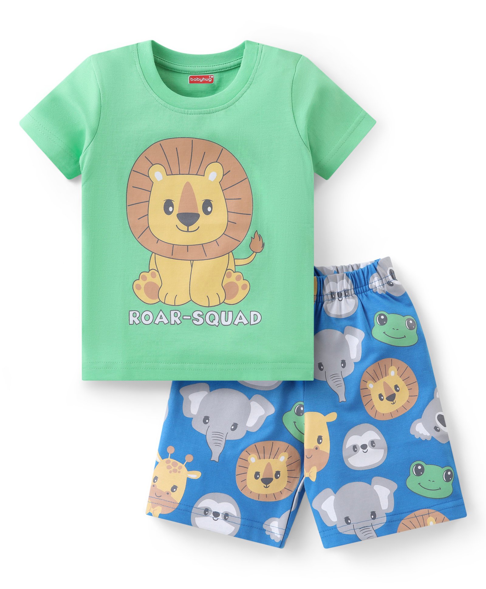 Babyhug Cotton Knit Half Sleeves Night Suit With Animal Print - Green & Blue-image-45