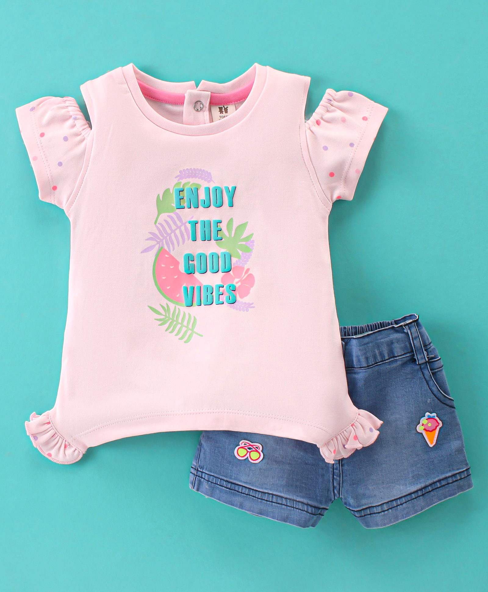 ToffyHouse 100% Cotton Half Sleeves Top & Denim Shorts Set With Tropical Print - Candy Pink-image-42