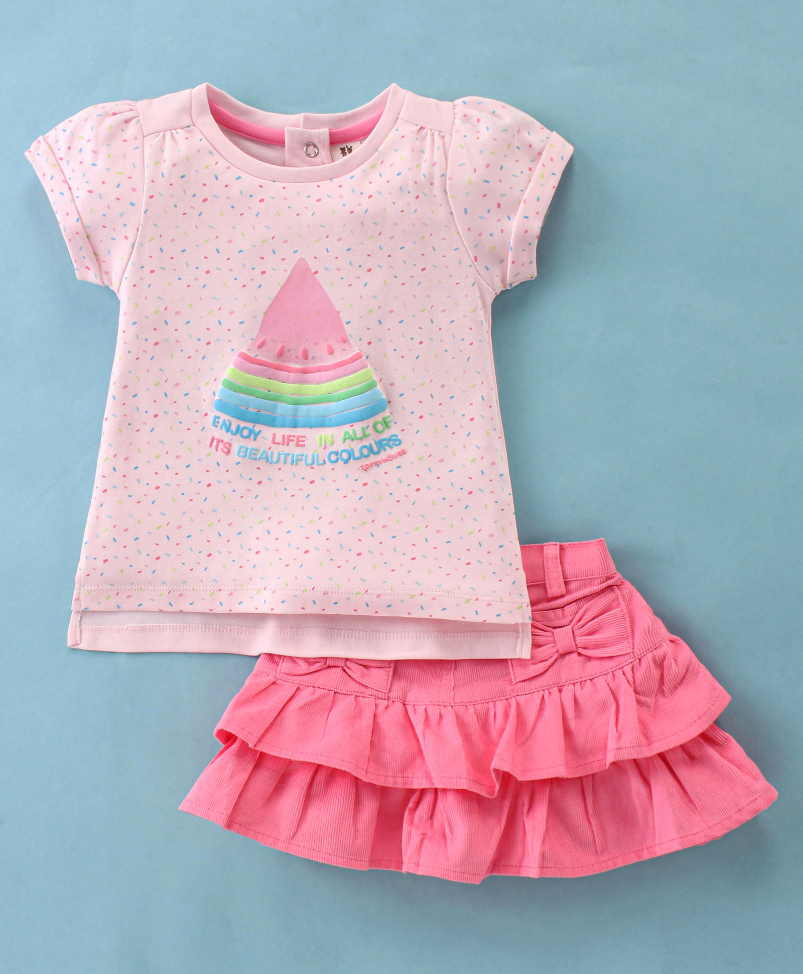 ToffyHouse 100% Cotton Knit Half Sleeves Top with Watermelon Print & Layered Skirt Set - Light Pink-image-25