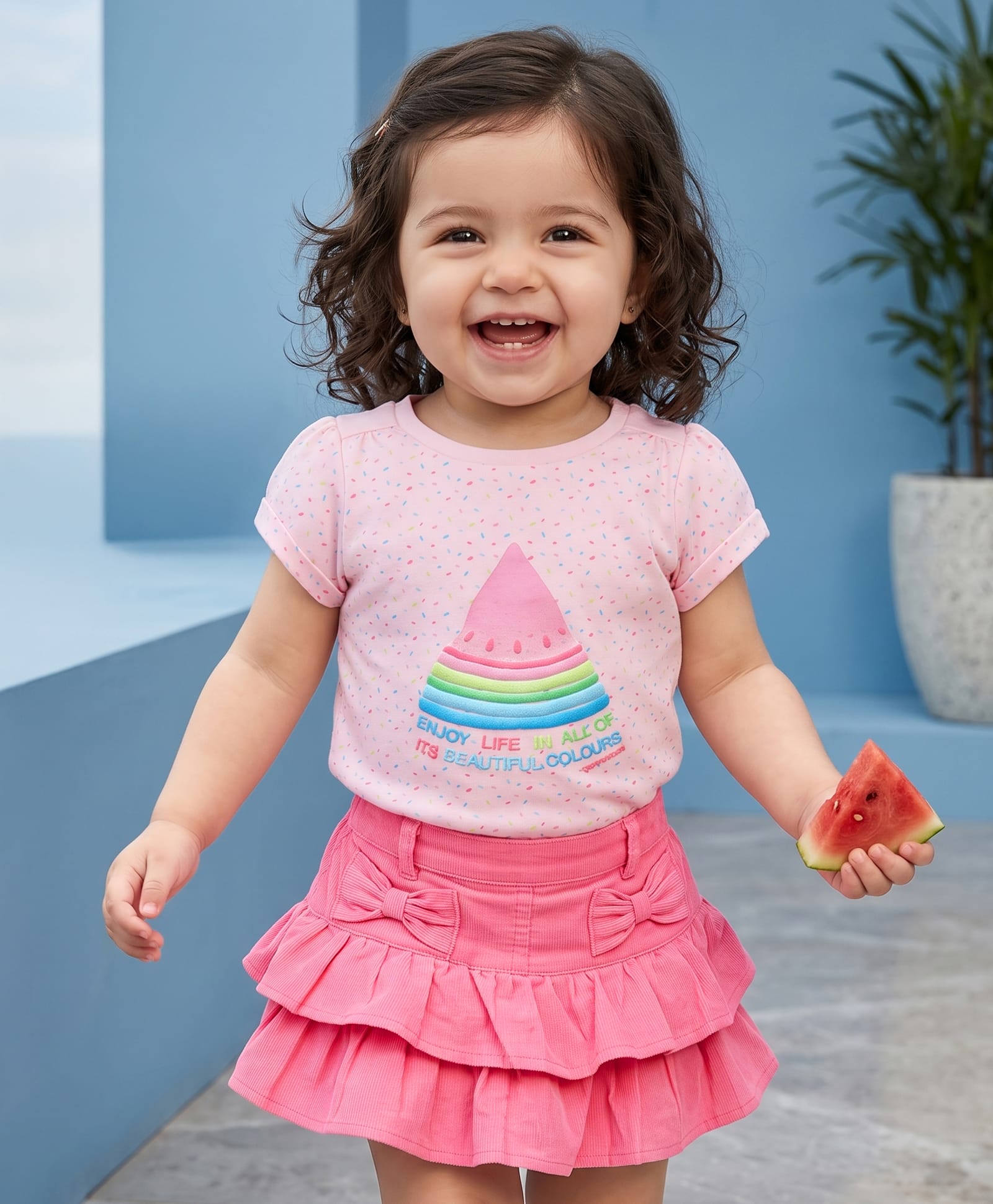 ToffyHouse 100% Cotton Knit Half Sleeves Top with Watermelon Print & Layered Skirt Set - Light Pink-picture-19