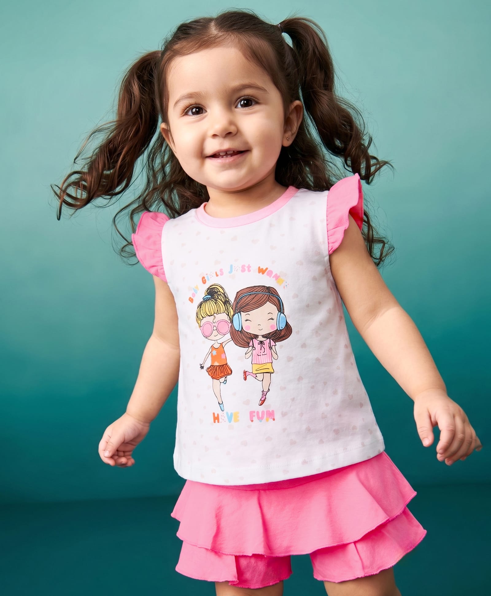 ToffyHouse Cotton Knit Frill Sleeves Top & Skirt Set With Dolls Graphics - Pink-picture-17
