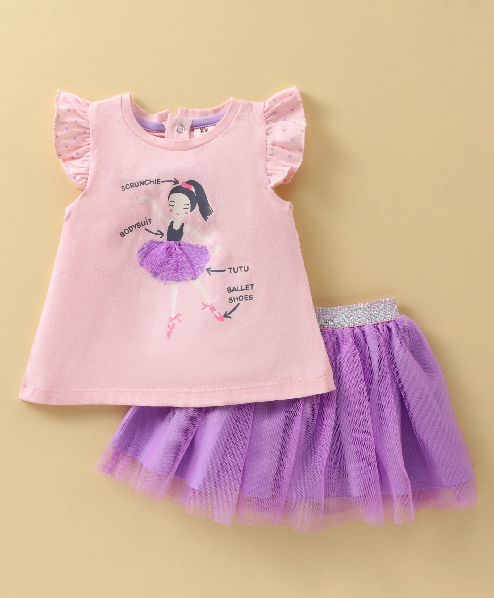 ToffyHouse 100% Knitted Cotton Frill Sleeves Top & Skirt Set Girl Print - Mauve-image-36