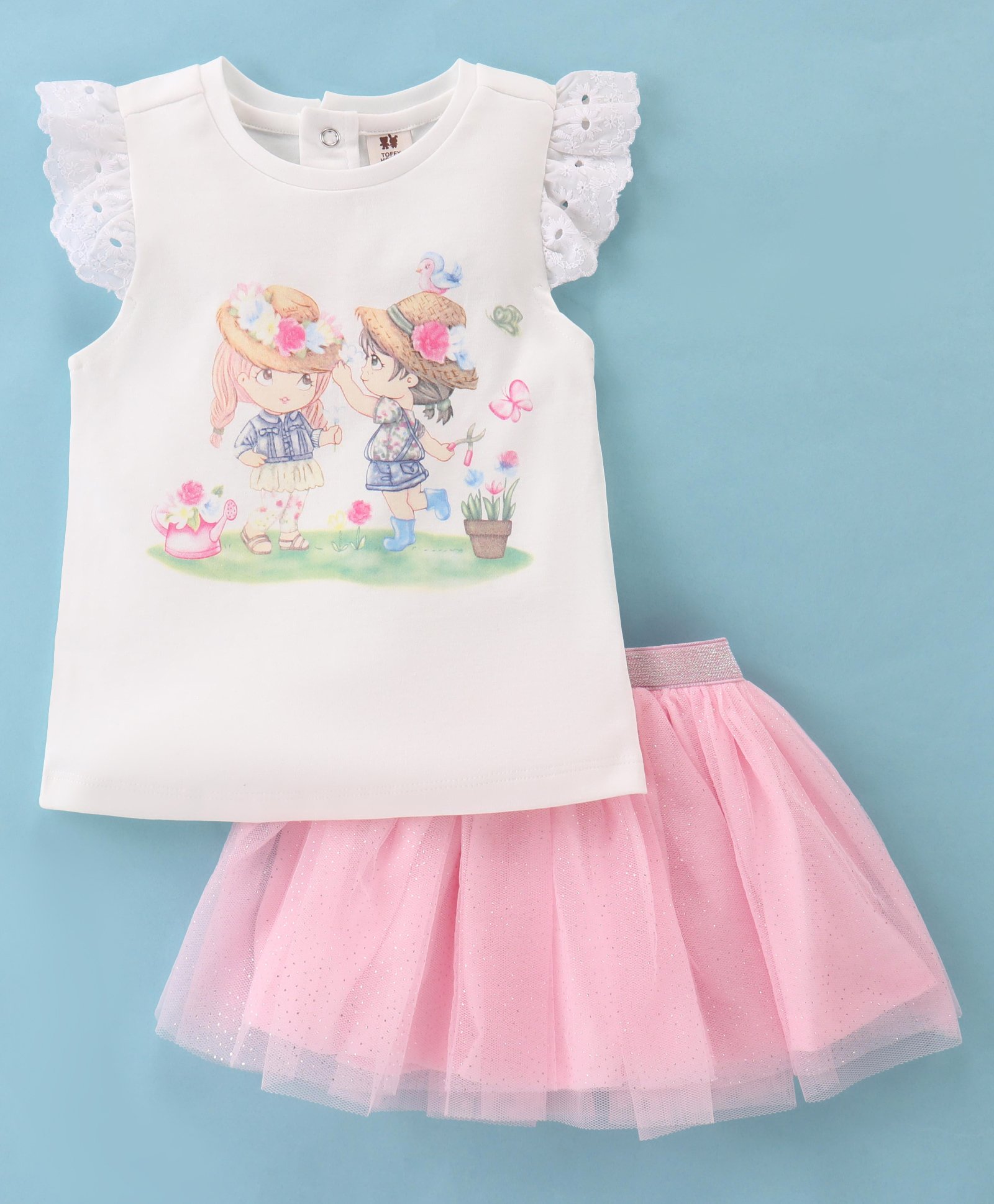 ToffyHouse 100% Cotton Knit Flutter  Sleeves Top And Skirts Set With Graphics - Powder Pink-image-15