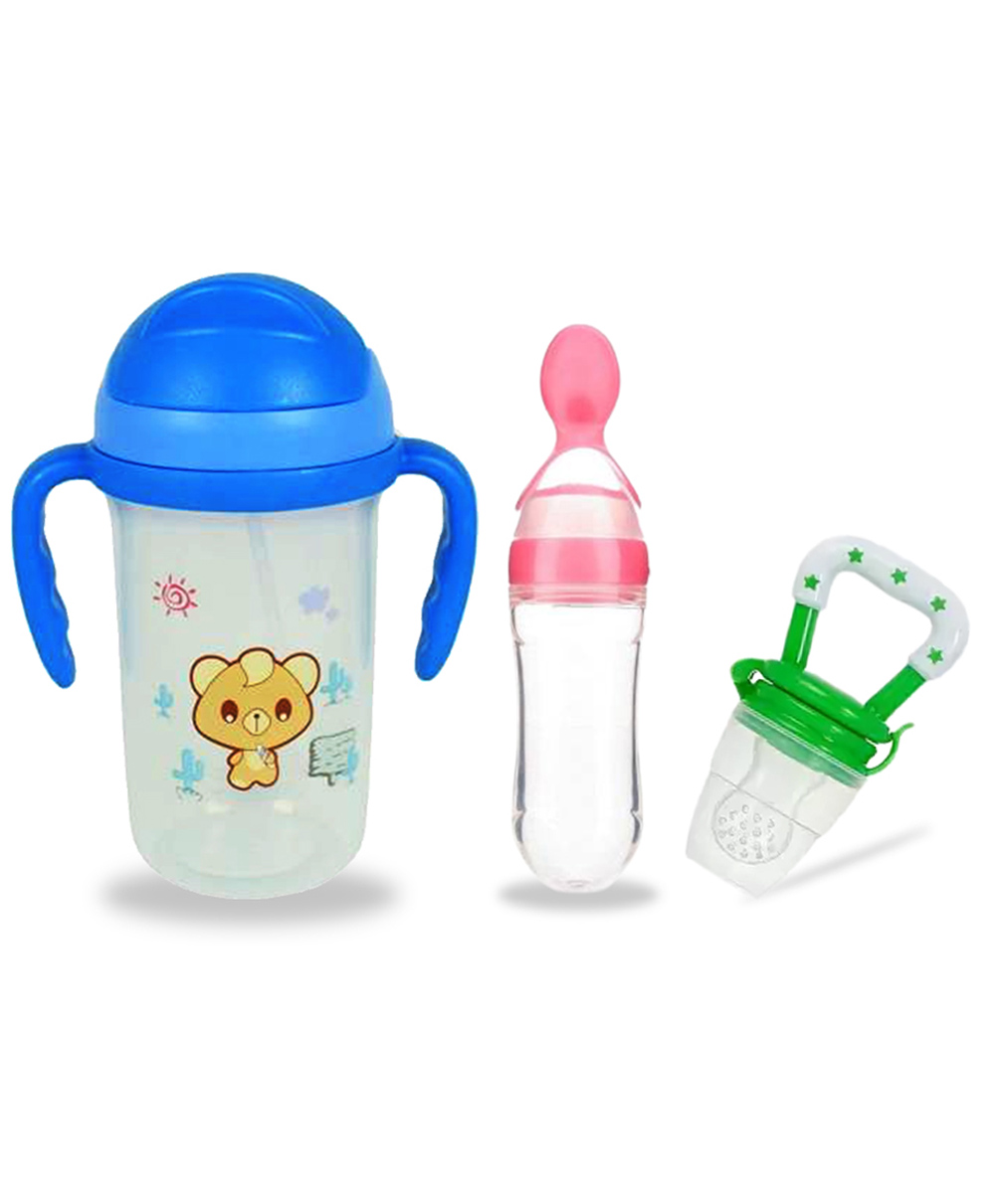 Chinmay Kids Soft Straw Anti Slip Feeding Sipper with Fruit Feeder & Soother - Blue Pink & Green-image-49
