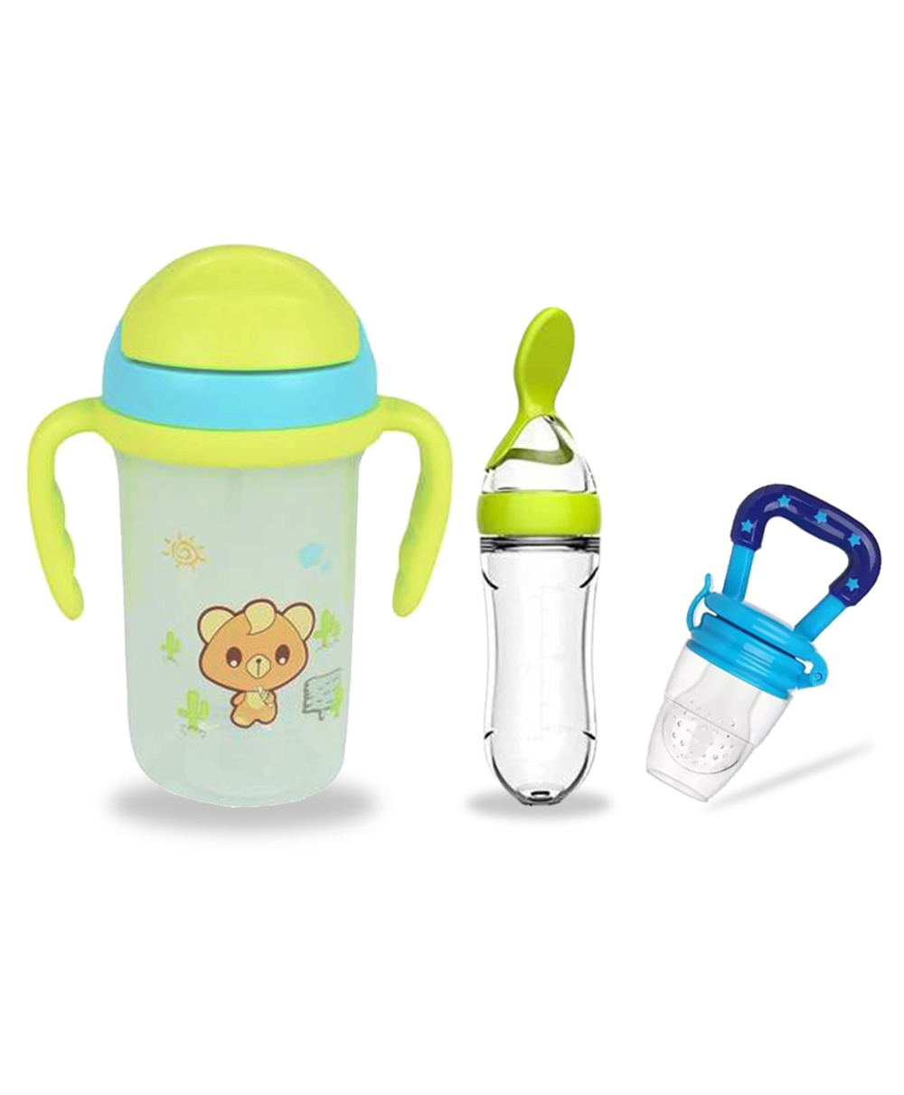 Chinmay Kids Soft Straw Anti Slip Feeding Sipper with Fruit Feeder & Soother - Green & blue-image-32