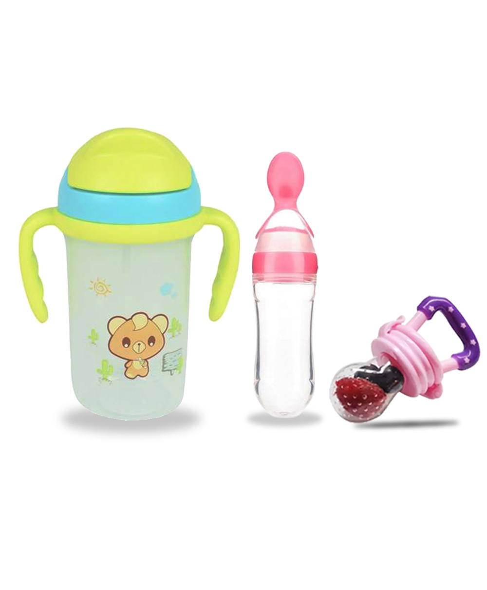 Chinmay Kids Soft Straw Anti Slip Feeding Sipper with Fruit Feeder & Soother - Green & Pink-image-2