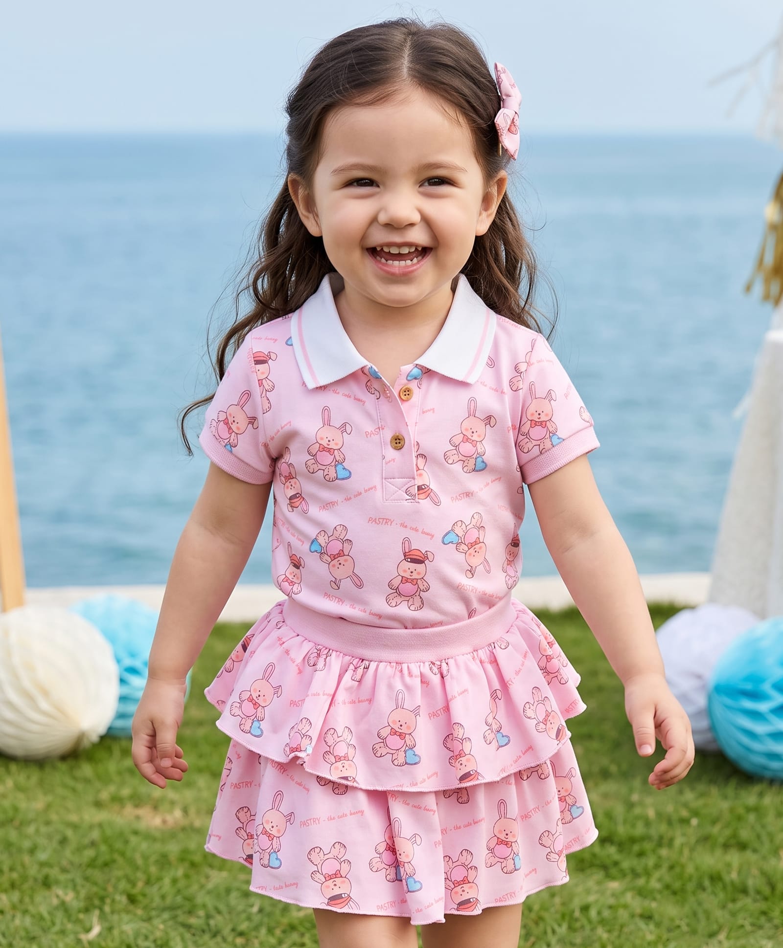 ToffyHouse 100% Cotton Knit Half Sleeves Polo T-Shirt & Skirt Set With Bunny Print - Pink-picture-49