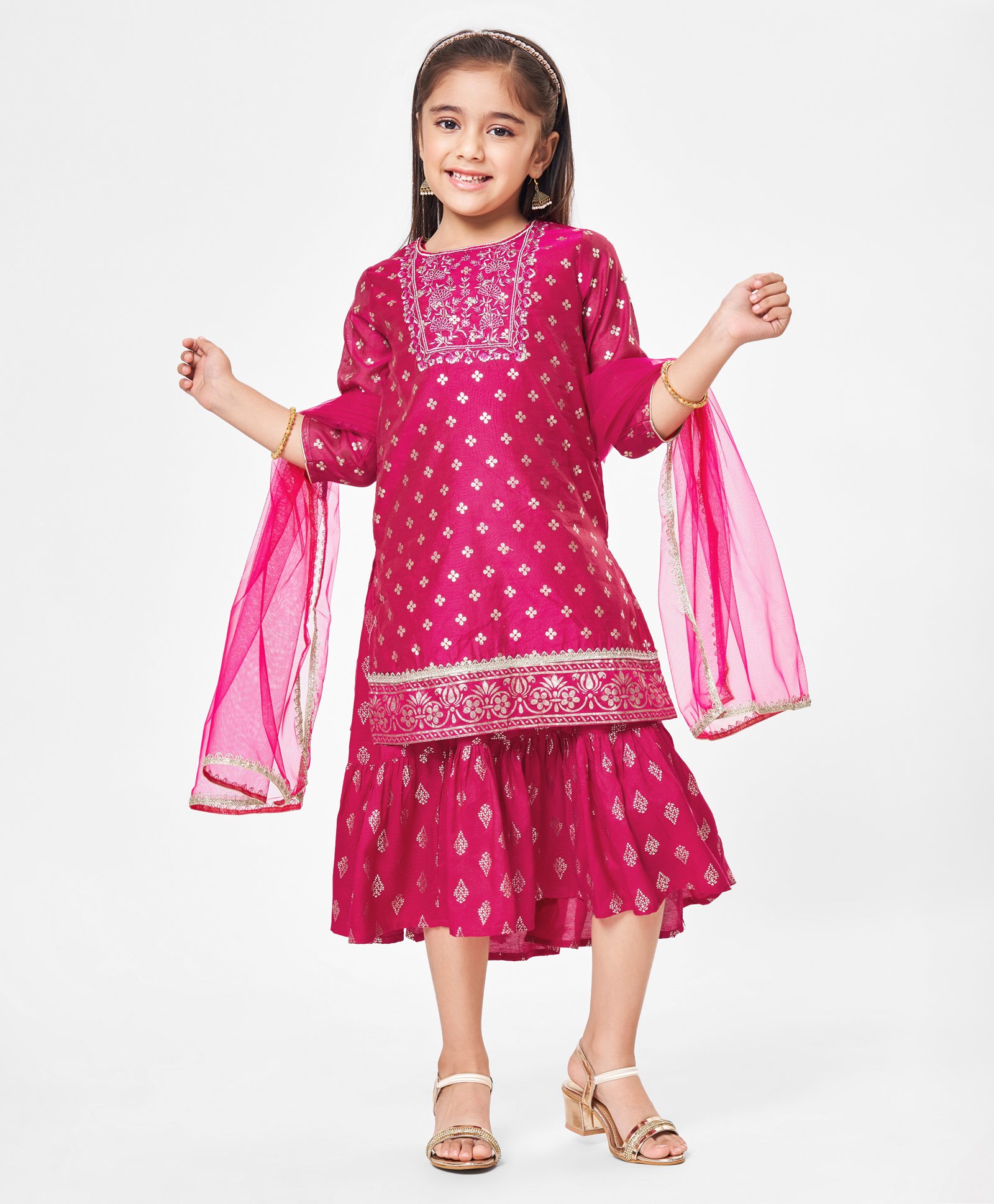 Babyhug Woven Three Fourth Sleeves Dress with Full Length Printed Inner & Lace Border Dupatta - Fuschia-image-14