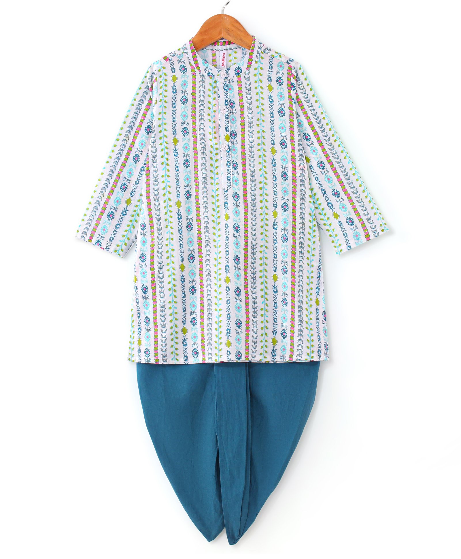 Babyhug 100% Cotton Woven Full Sleeves Kurta & Dhoti Set With Floral Print - White & Blue-picture-16