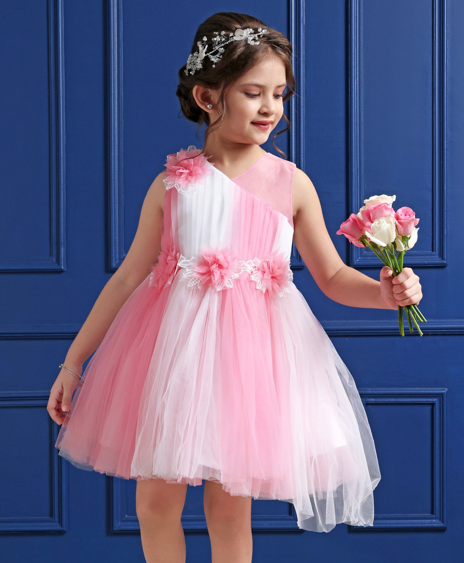 Mark & Mia Sleeveless Party Frocks With Floral Applique- Pink-image-44