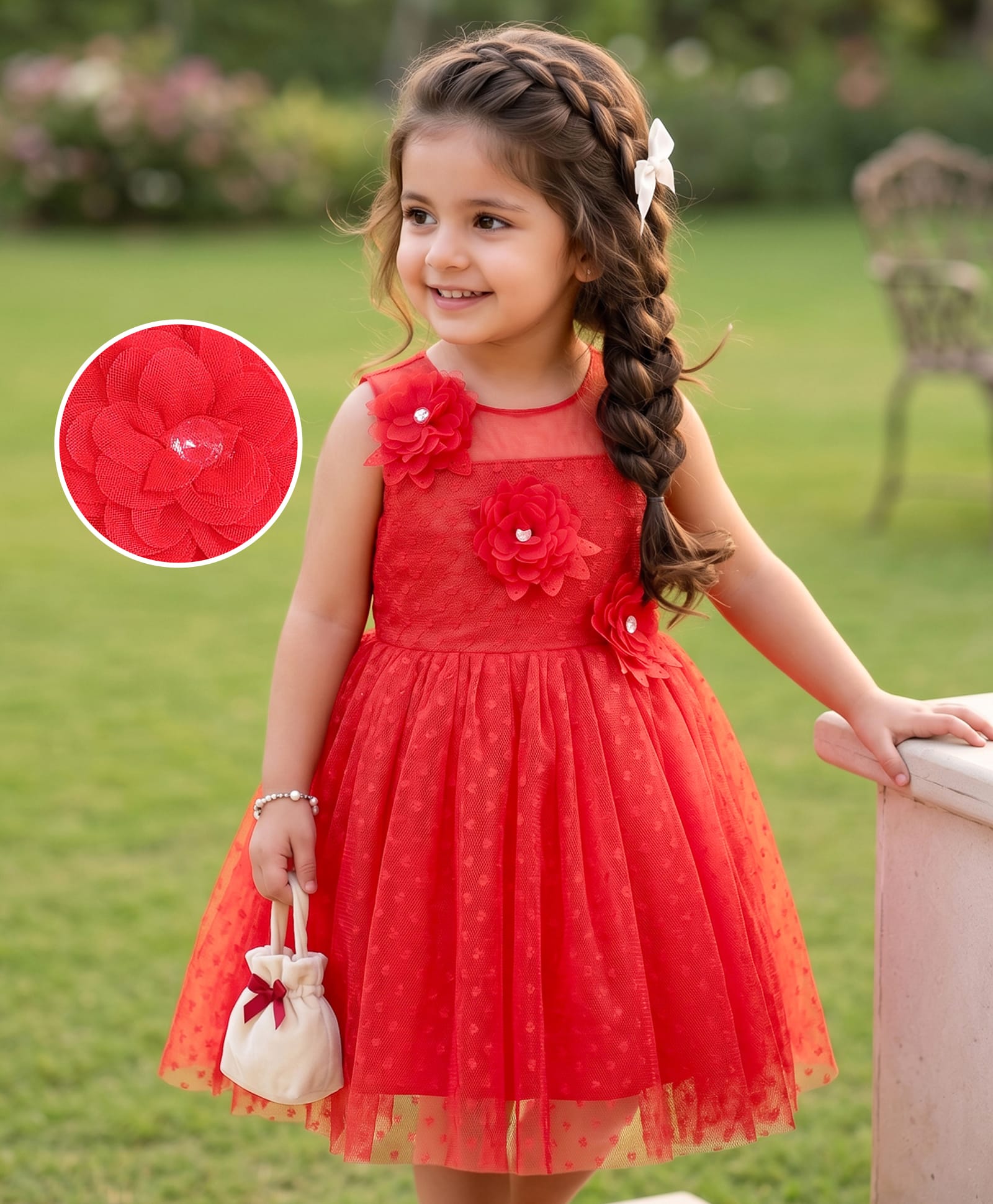 Mark & Mia Sleeveless Party Frock with Floral Applique - Red-image-10