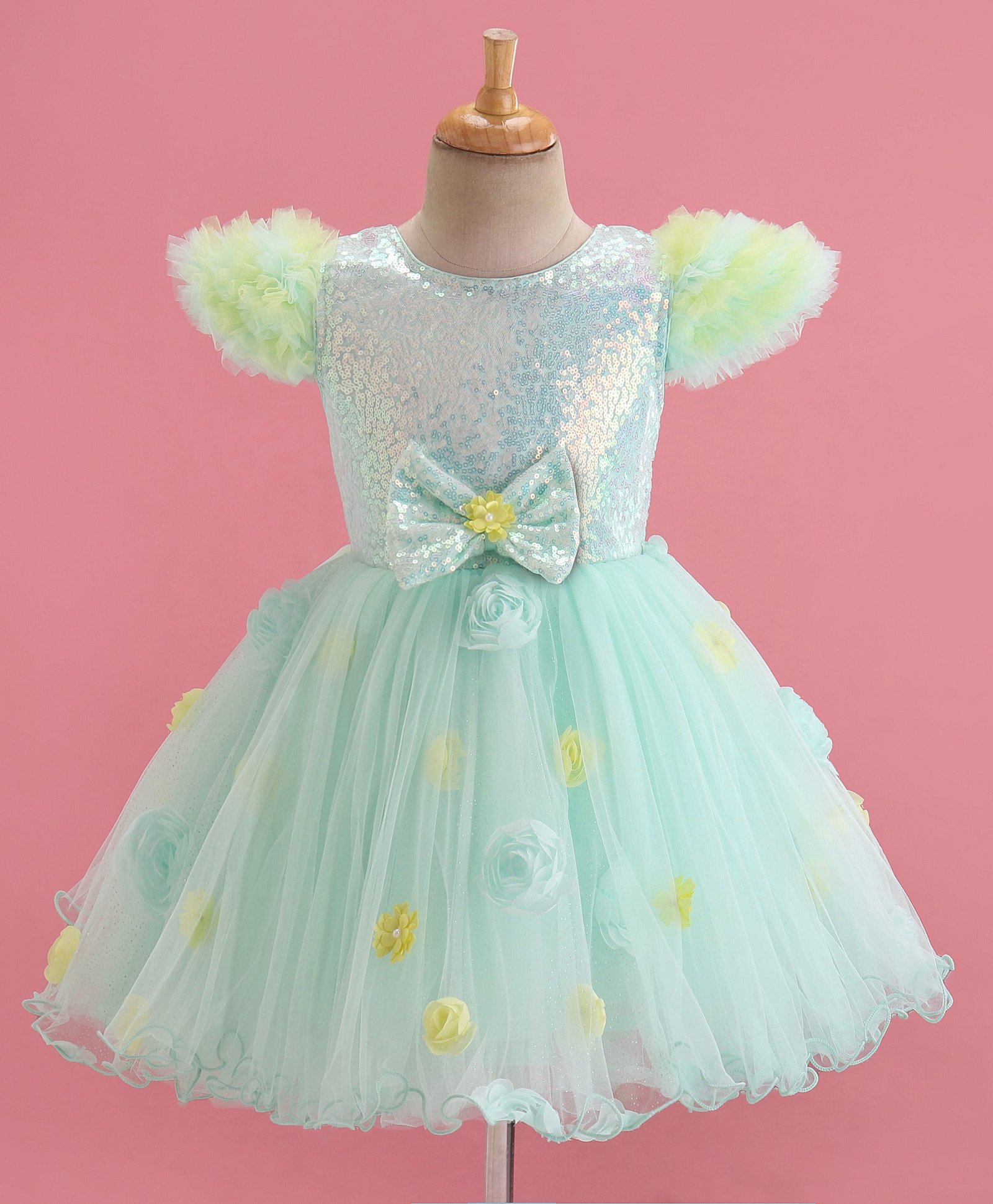 Mark & Mia Frill Sleeves Knee Length Party Frock with Sequined Detailing Floral & Bow Applique Detailing - Mint-image-8