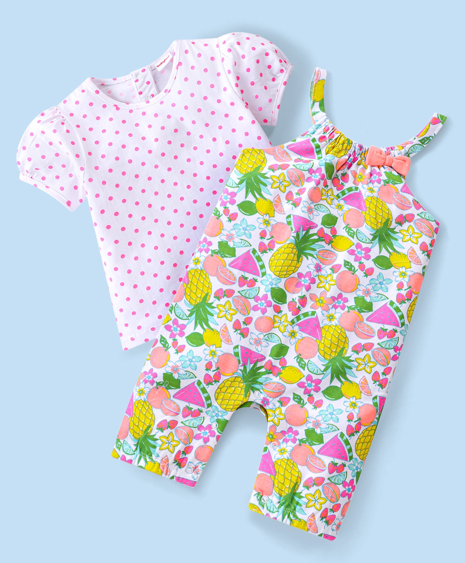 Babyhug Single Jersey Knit Pineapple Printed Dungaree with Half Sleeves Inner Tee - Pink & Multicolor-image-19