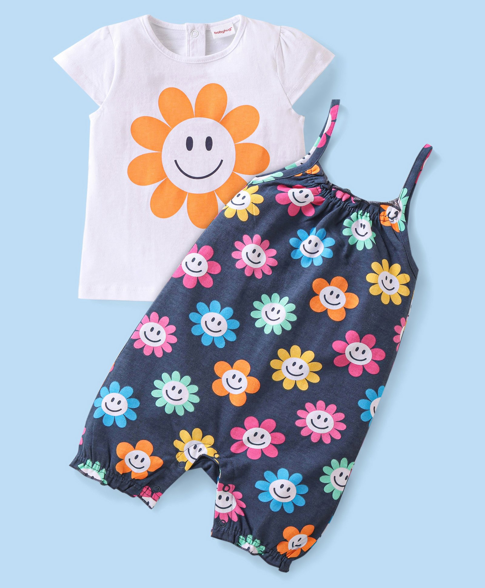 Babyhug Single Jersey Knit Dungaree & Half Sleeves T-Shirt Floral Print - White & Navy Blue-image-25