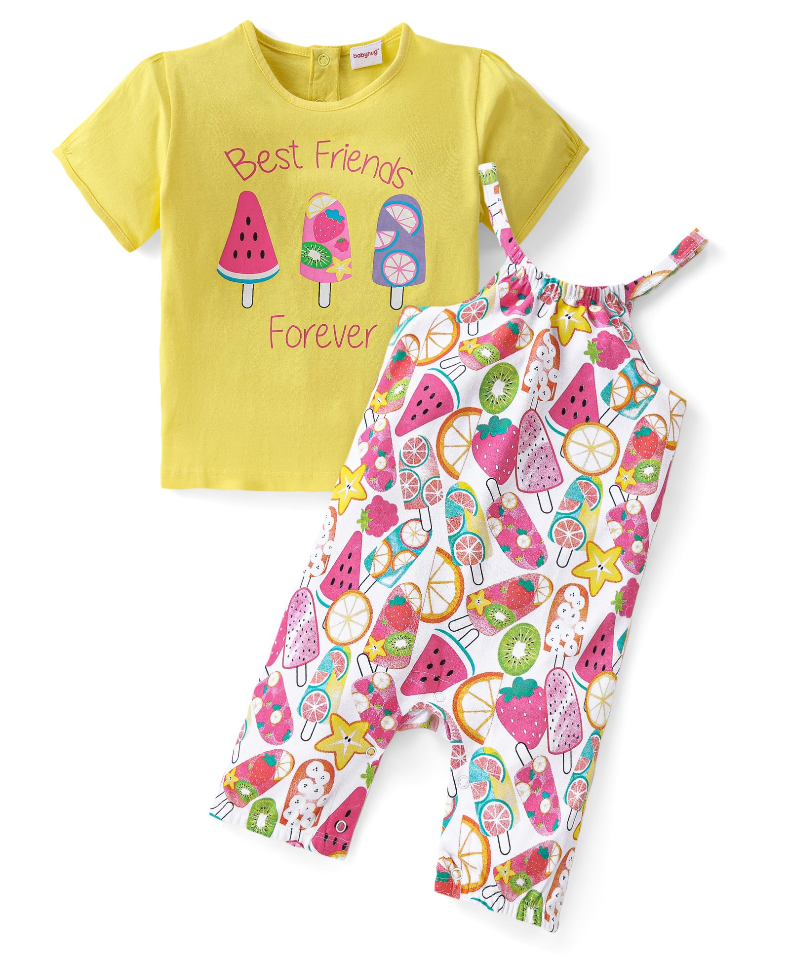 Babyhug Single Jersey Knit Fruits Printed Dungaree with Half Sleeves Inner Tee - Pink & Yellow-picture-12