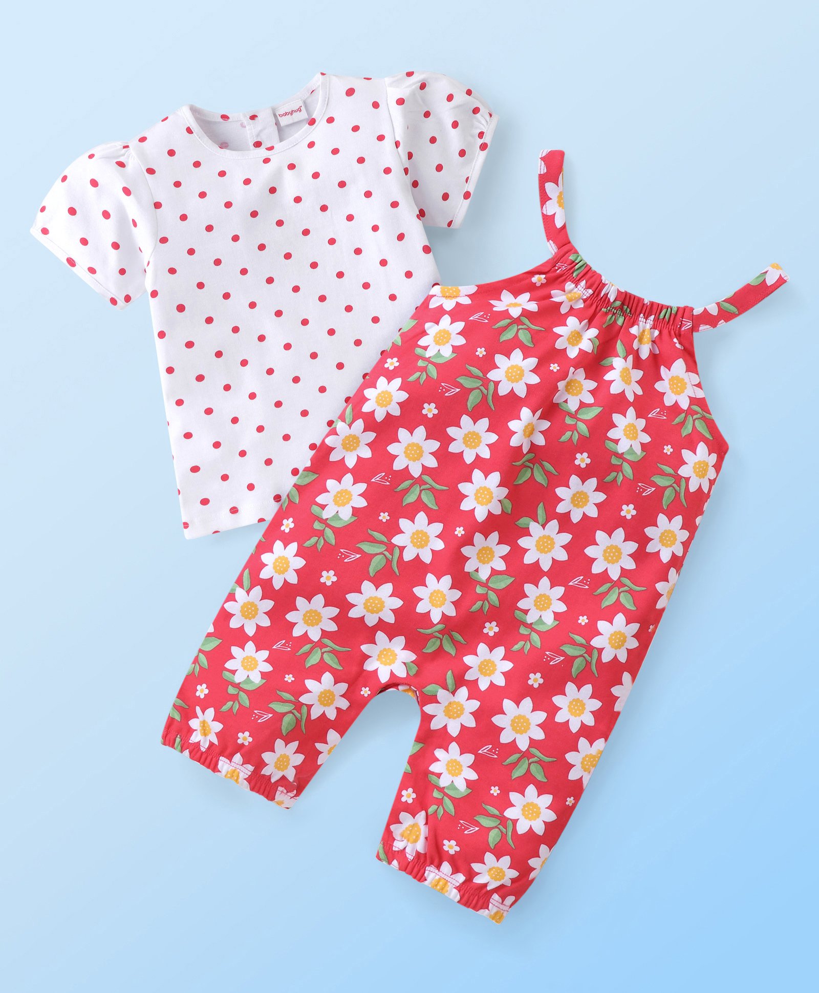 Babyhug Single Jersey Knit Dungaree with Half Sleeves T-Shirt Polka Dot & Floral Print - White & Red-image-9