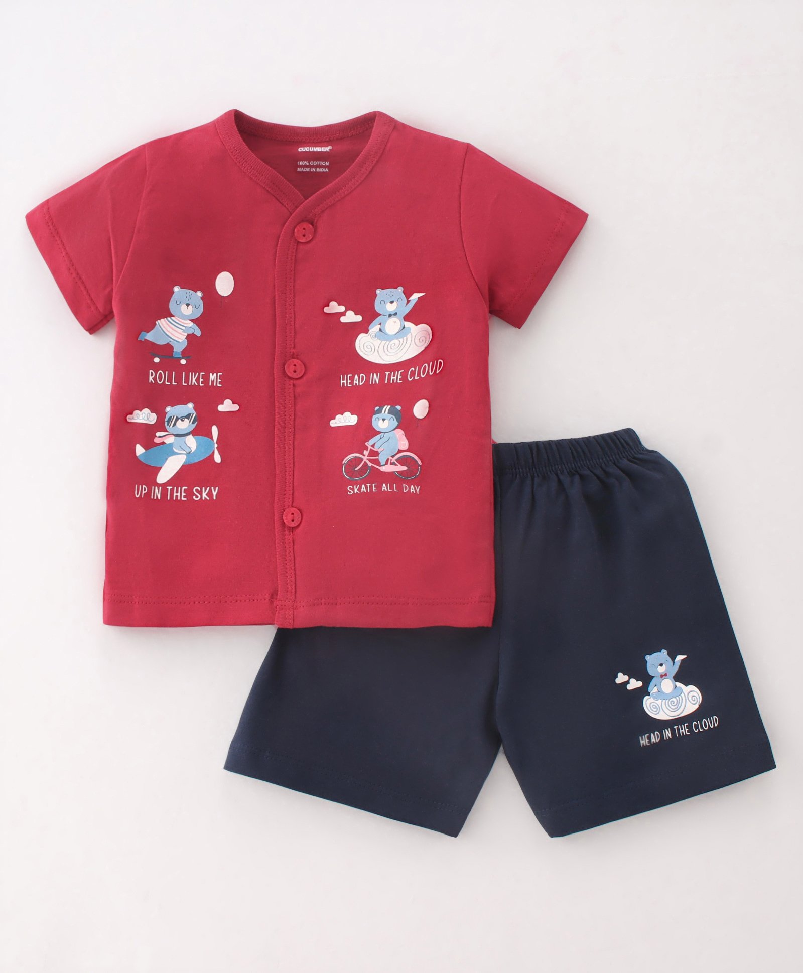 CUCUMBER Cotton Knit Half Sleeves Night Suit With Teddy Print - Red & Black-image-6