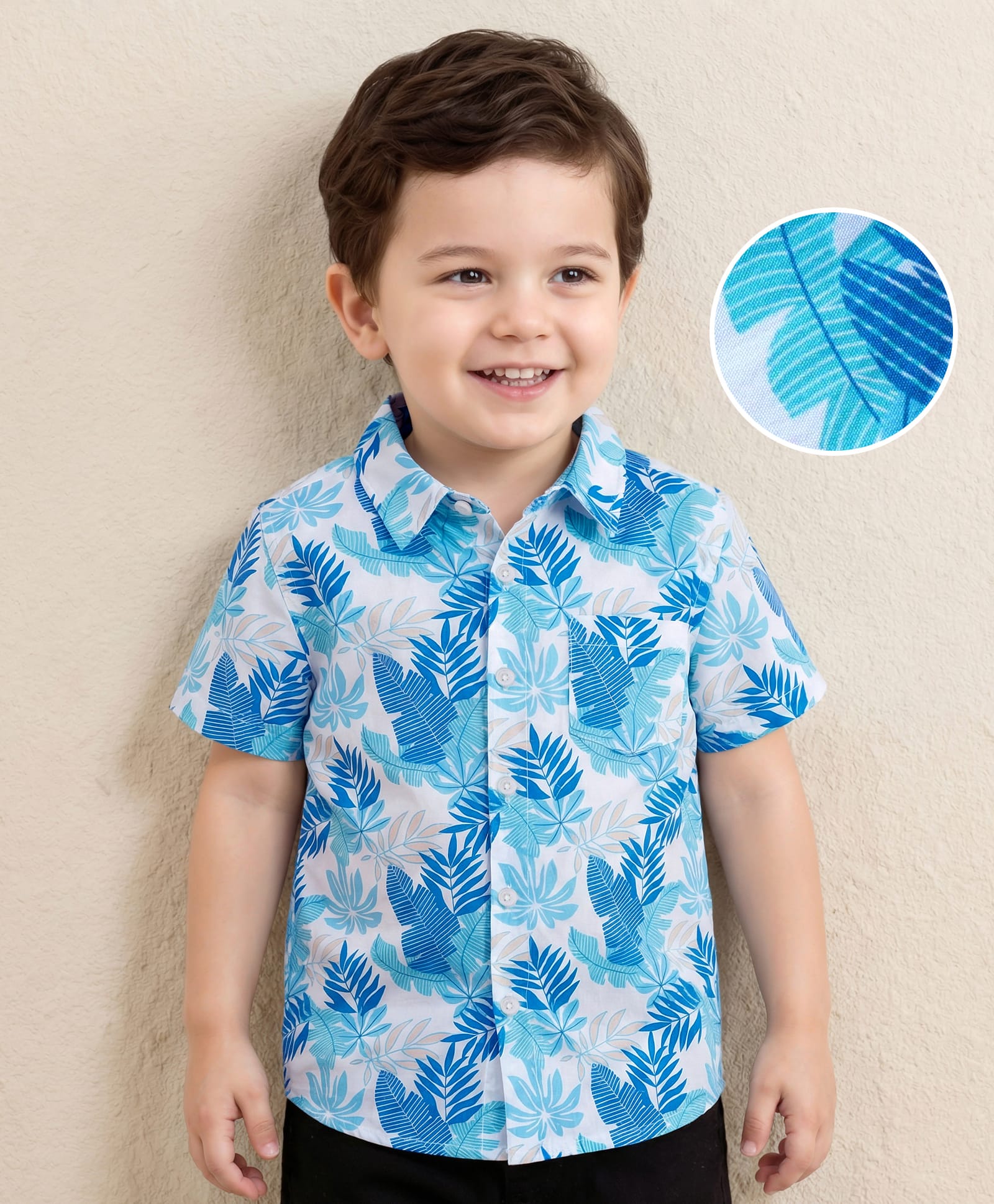 Kookie Kids Cotton Woven  Half Sleeves Shirt Leaf Print  with Pocket Detailing - White-image-18