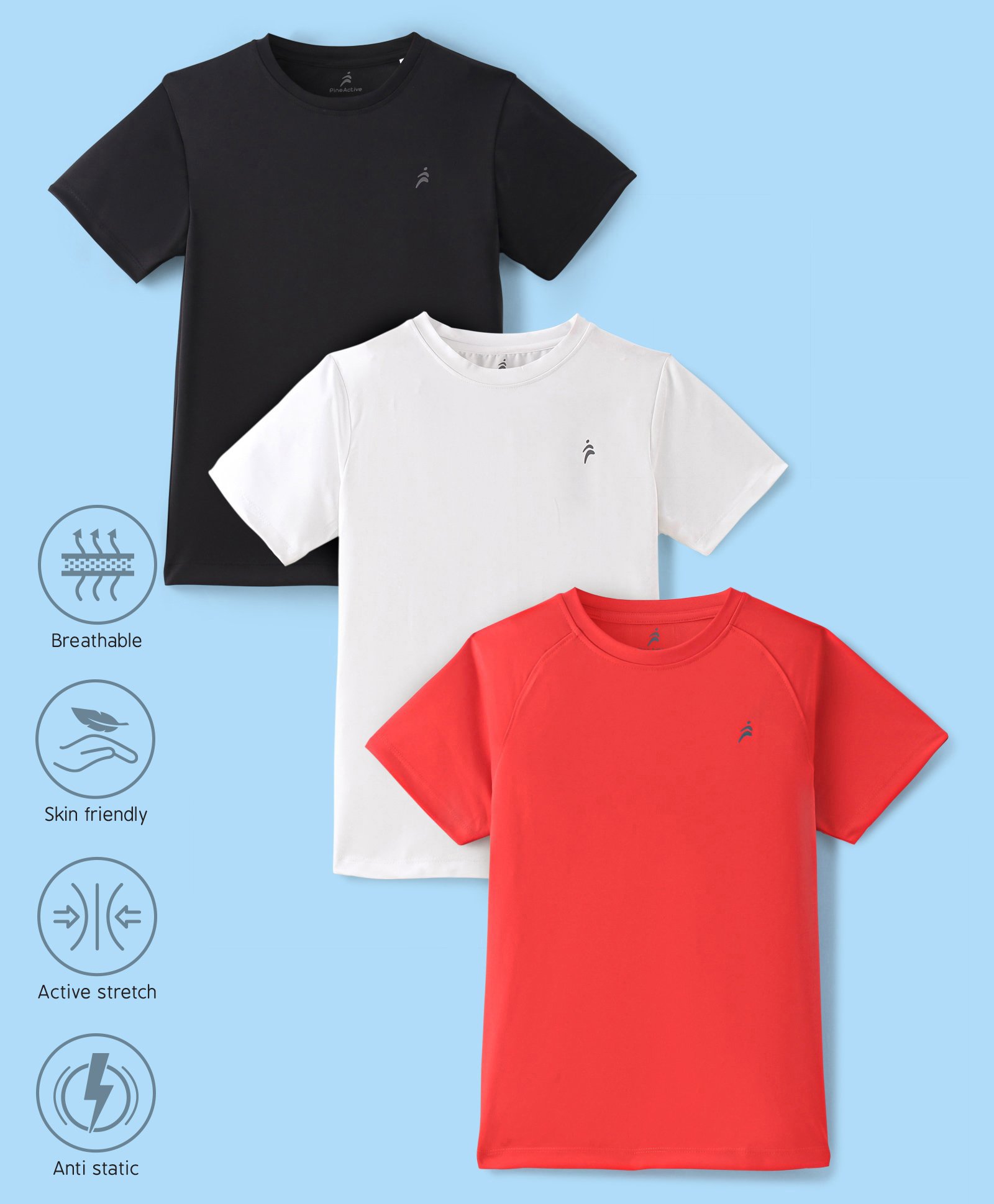 Pine Active Half Sleeves Skin Friendly & Breathable Solid Colour T-Shirts Pack of 3 - White Red & Black-picture-15