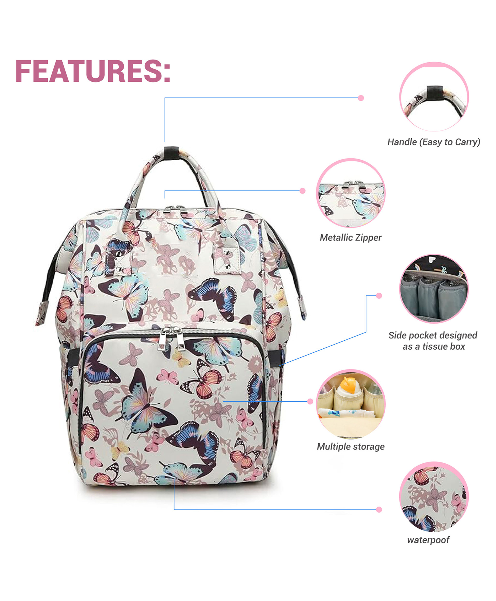 Babymoon Multifunction Backpack Style Maternity Butterfly Print Diaper Bag - White-image-38
