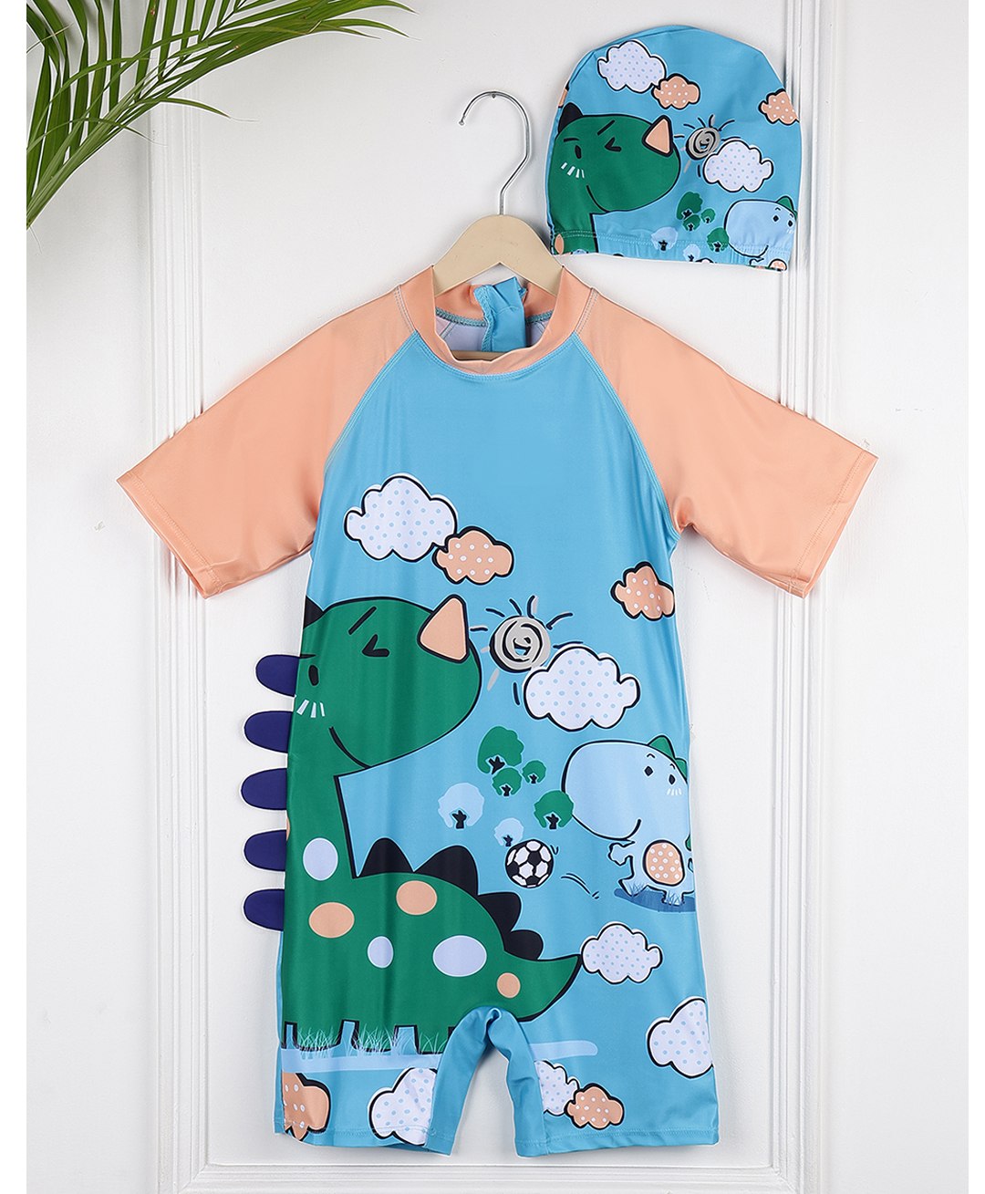 PASSION PETALS Half Raglan Sleeves Baby Dinosaur Printed Coordinating Swimsuit & Cap Set - Blue & green-image-46