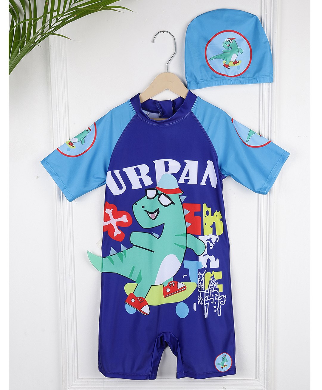 PASSION PETALS Half Raglan Sleeves Baby Dinosaur Printed Coordinating Swimsuit & Cap Set - Blue & Light Blue-picture-25