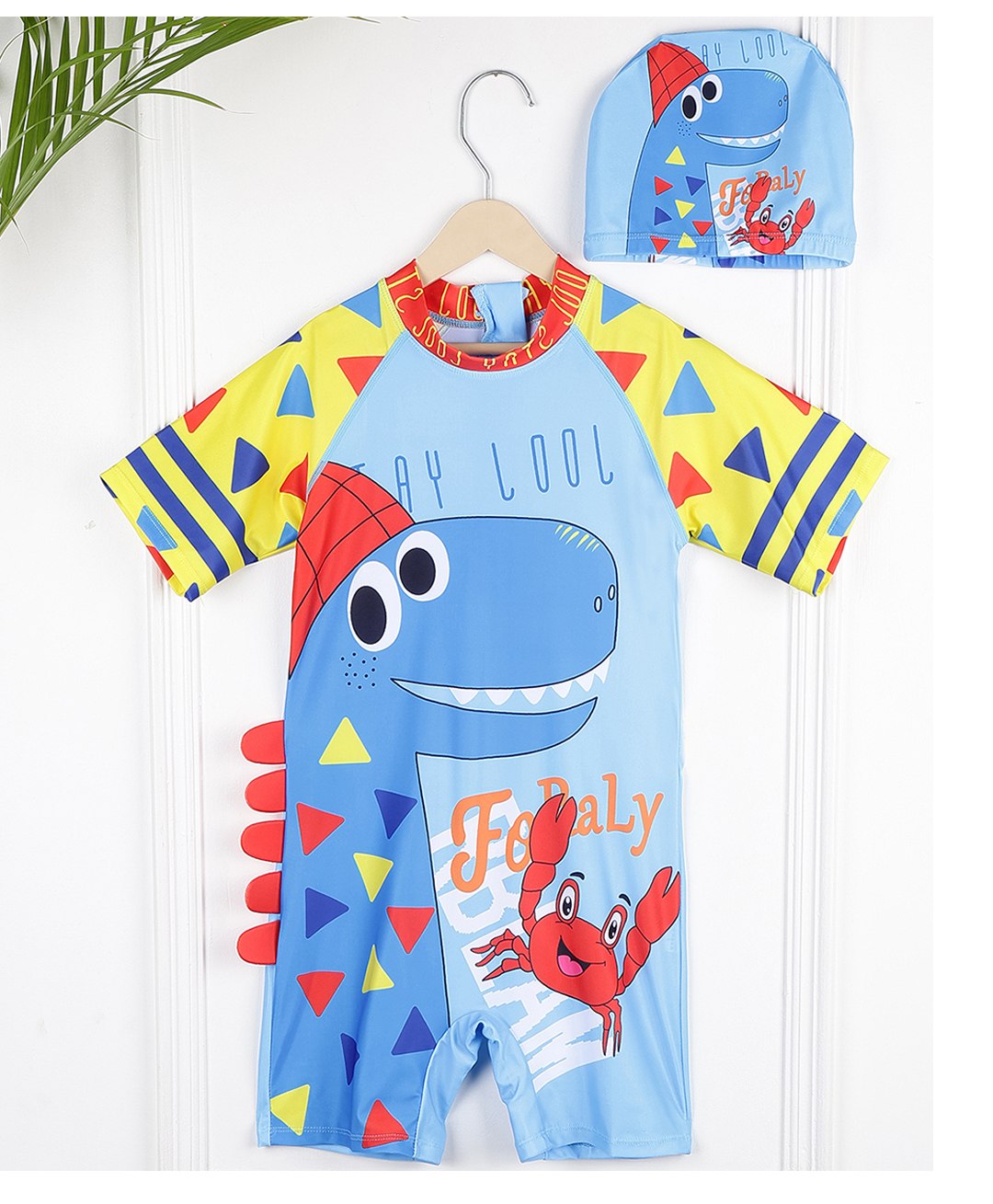 PASSION PETALS Half Sleeves Dinosaur & Crab Printed Coordinating Swimsuit & Cap Set - Light Blue & Yellow-image-35