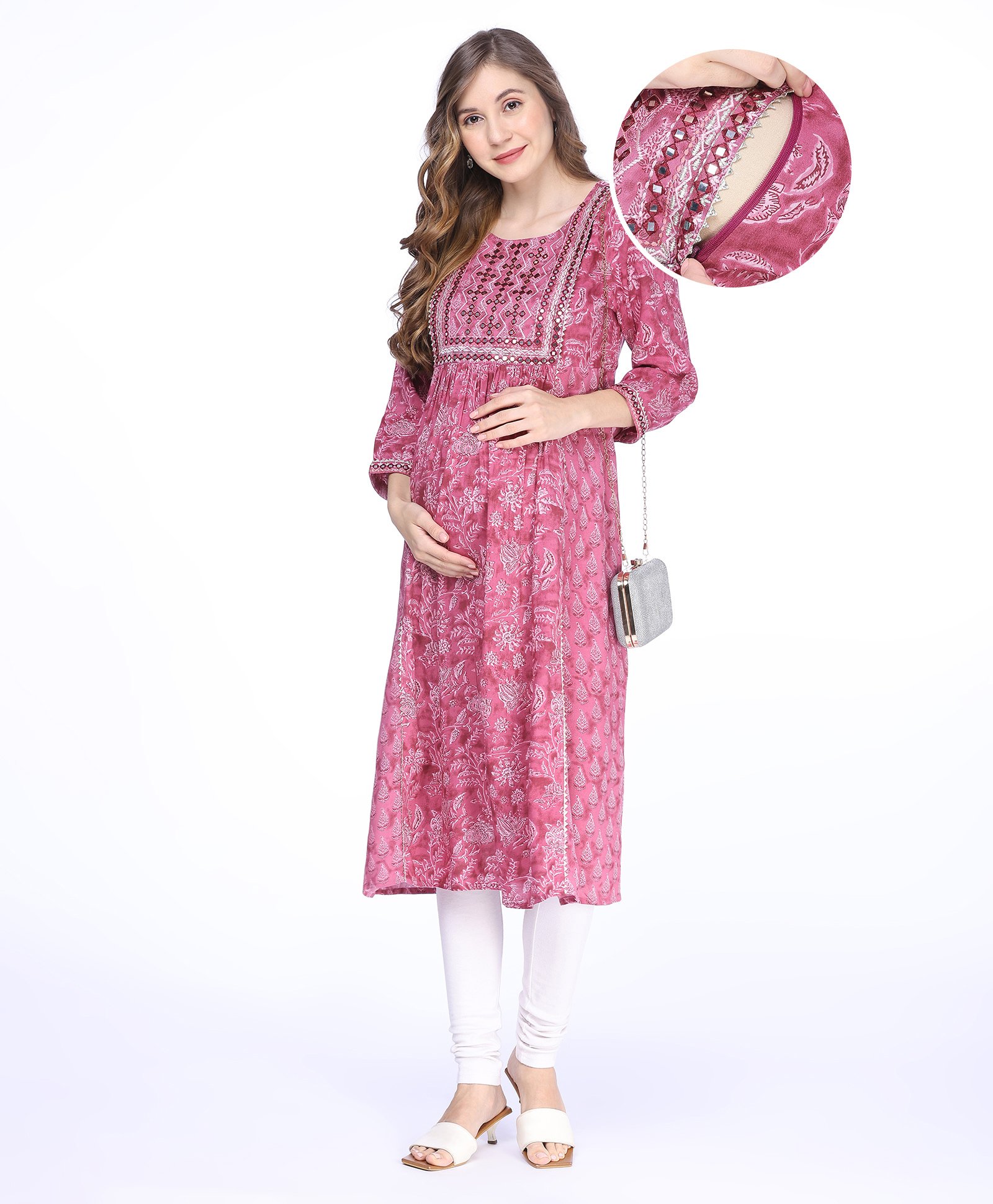 Bella Mama Three Fourth Sleeves Embroidered Yoke Maternity Kurta Floral Print - Wine-image-42