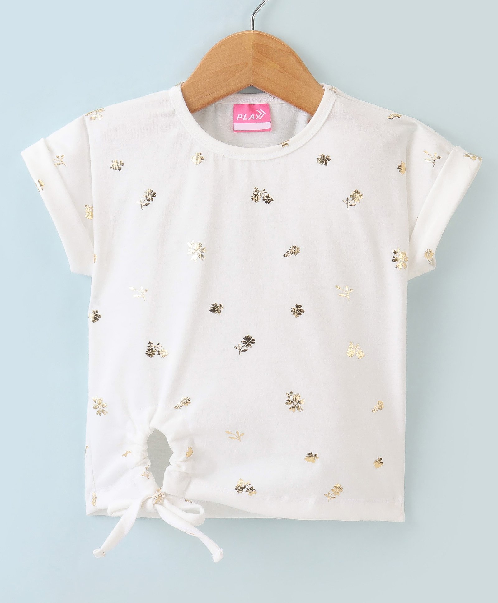 Little Kangaroos Cotton Lycra Knit Half Sleeves Foil Printed Top - White-picture-15