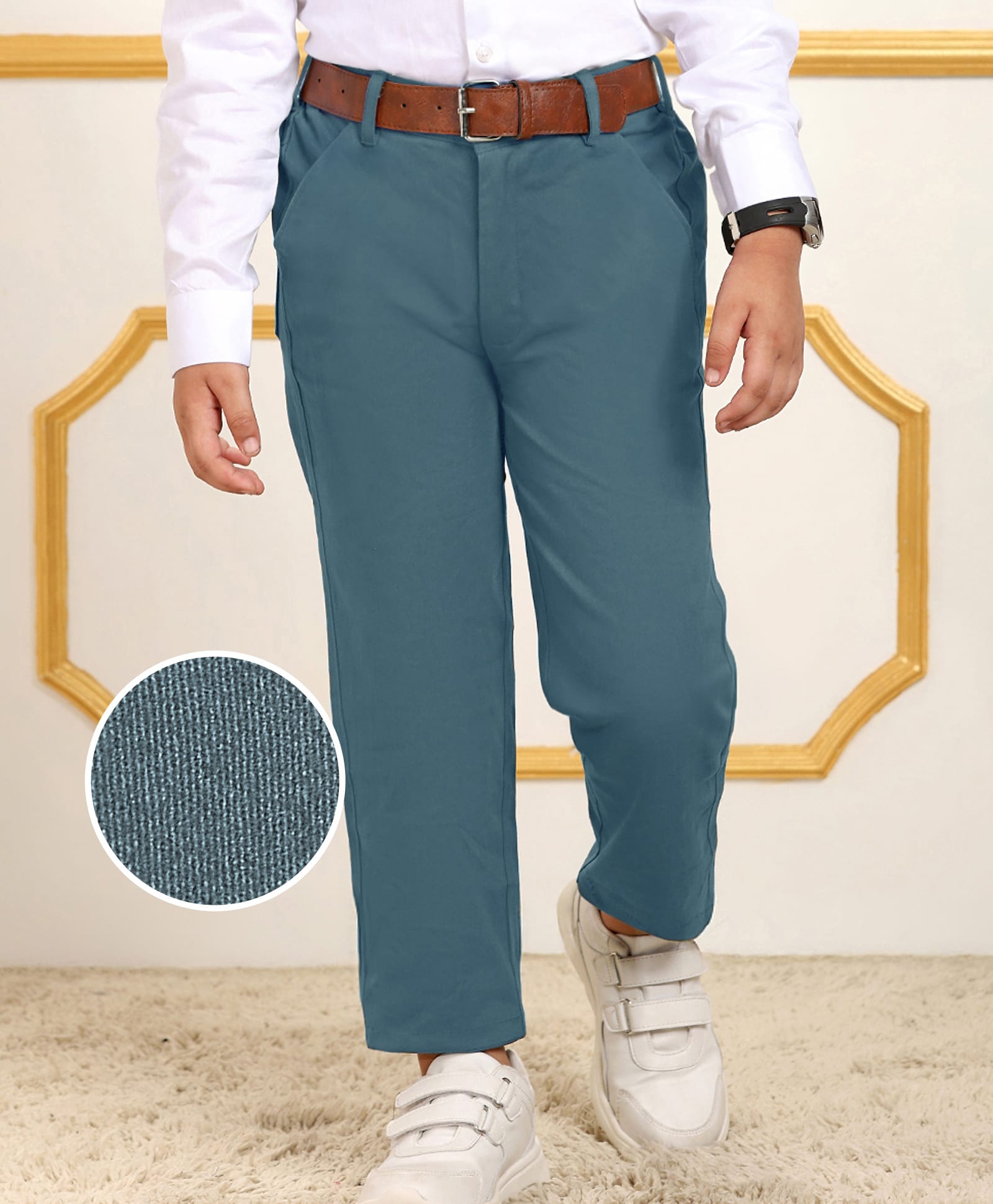 Mark & Mia Full Length Solid Party Wear Trousers with Belt Detailing -  Blue-picture-21